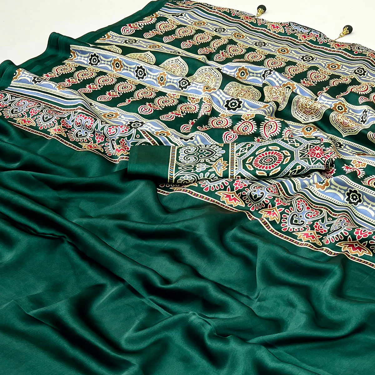 Green Ajrakh Printed Crepe Satin Saree With Tassels - Image 2