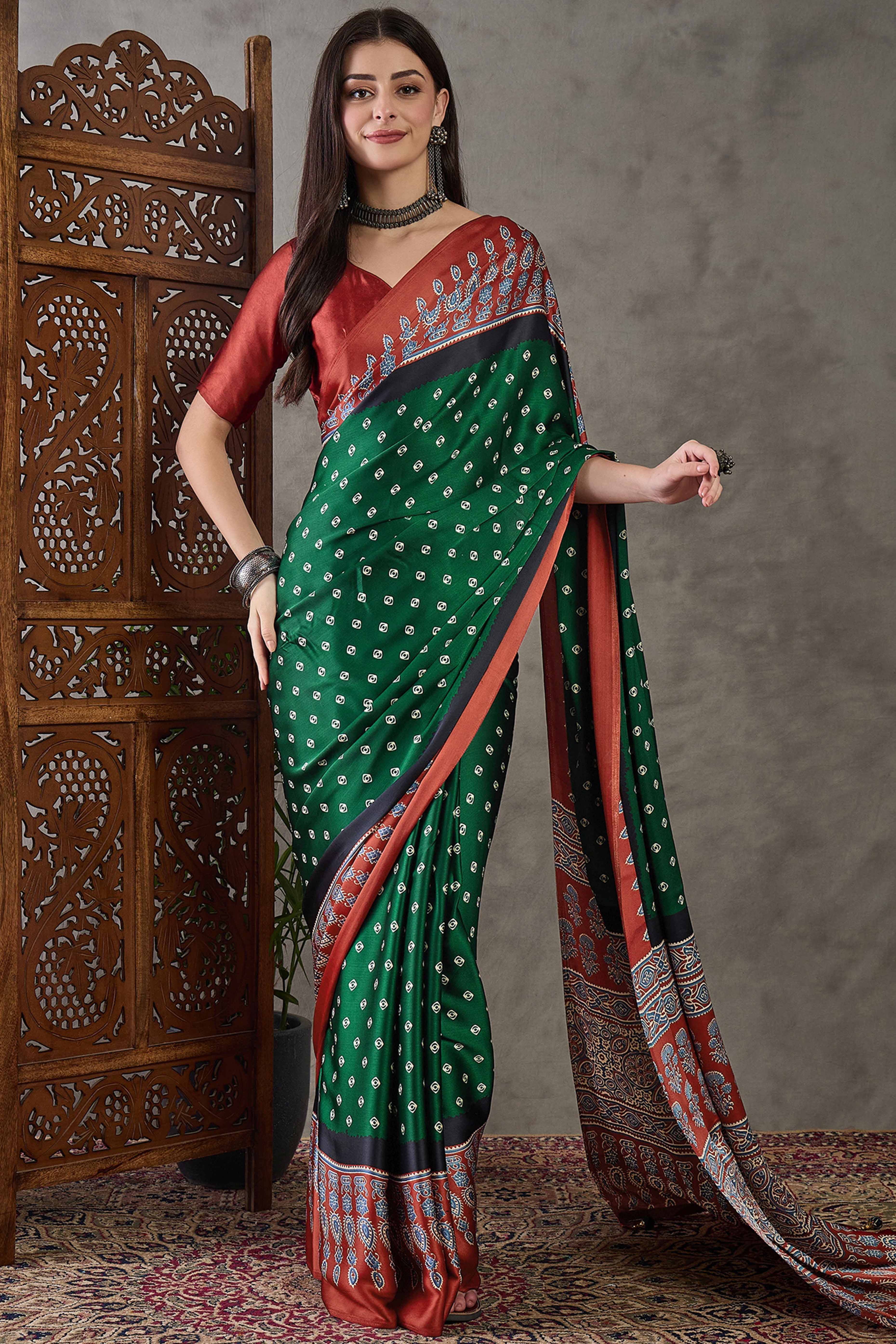Green Ajrakh Printed Modal Satin Saree with Traditional Ajrakh Charm - Image 3
