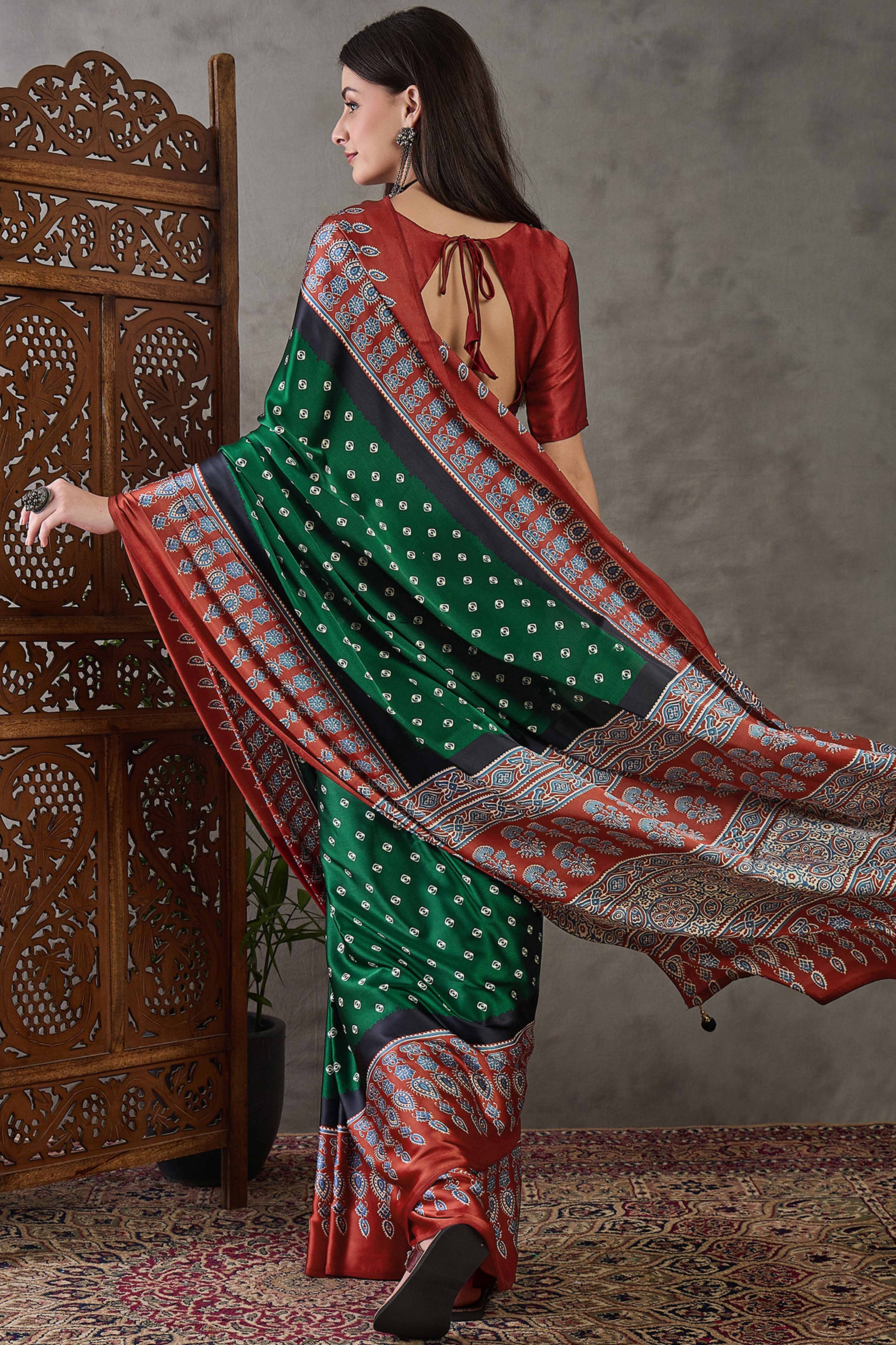 Green Ajrakh Printed Modal Satin Saree with Traditional Ajrakh Charm - Image 5