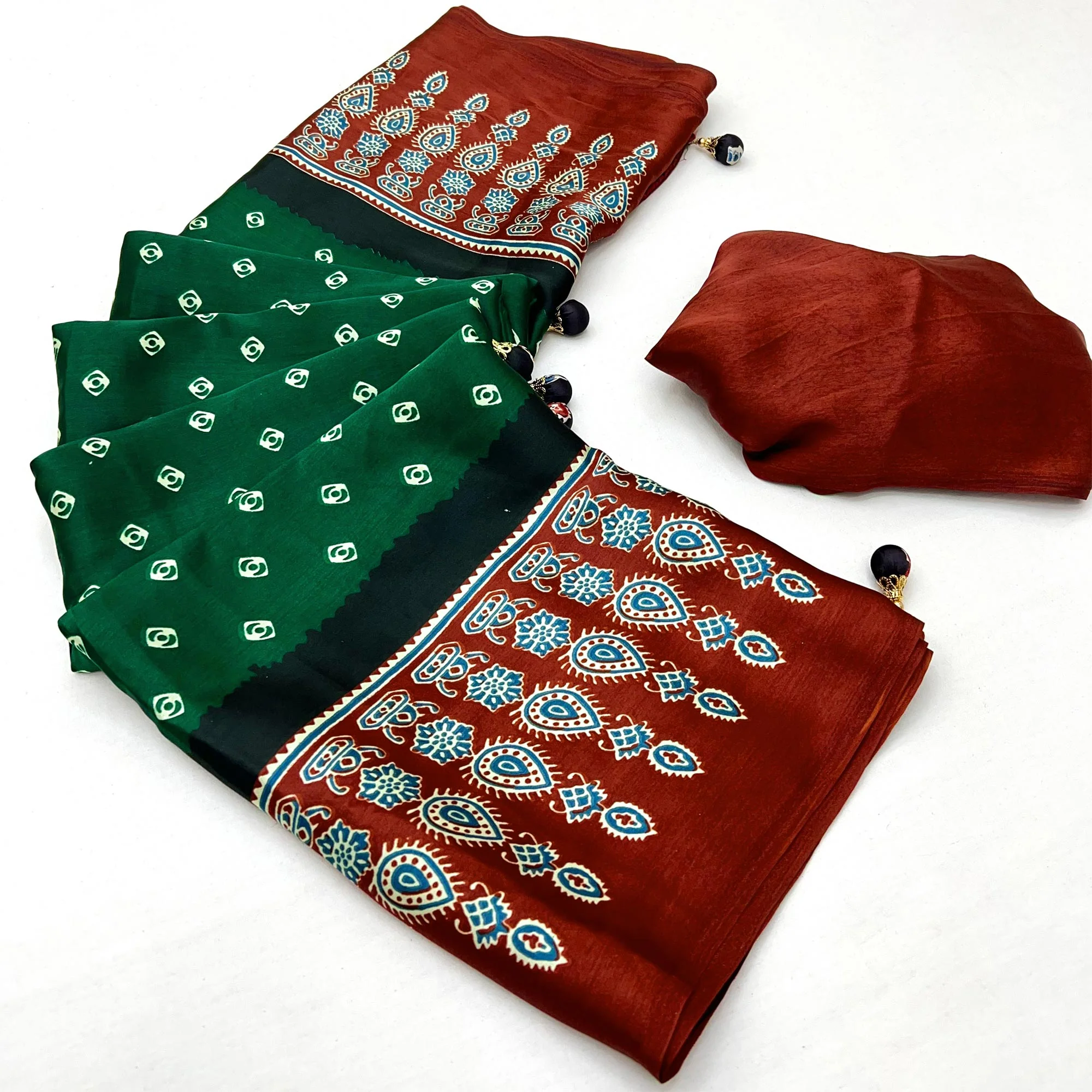 Green Ajrakh Printed Modal Satin Saree with Traditional Ajrakh Charm - Image 8