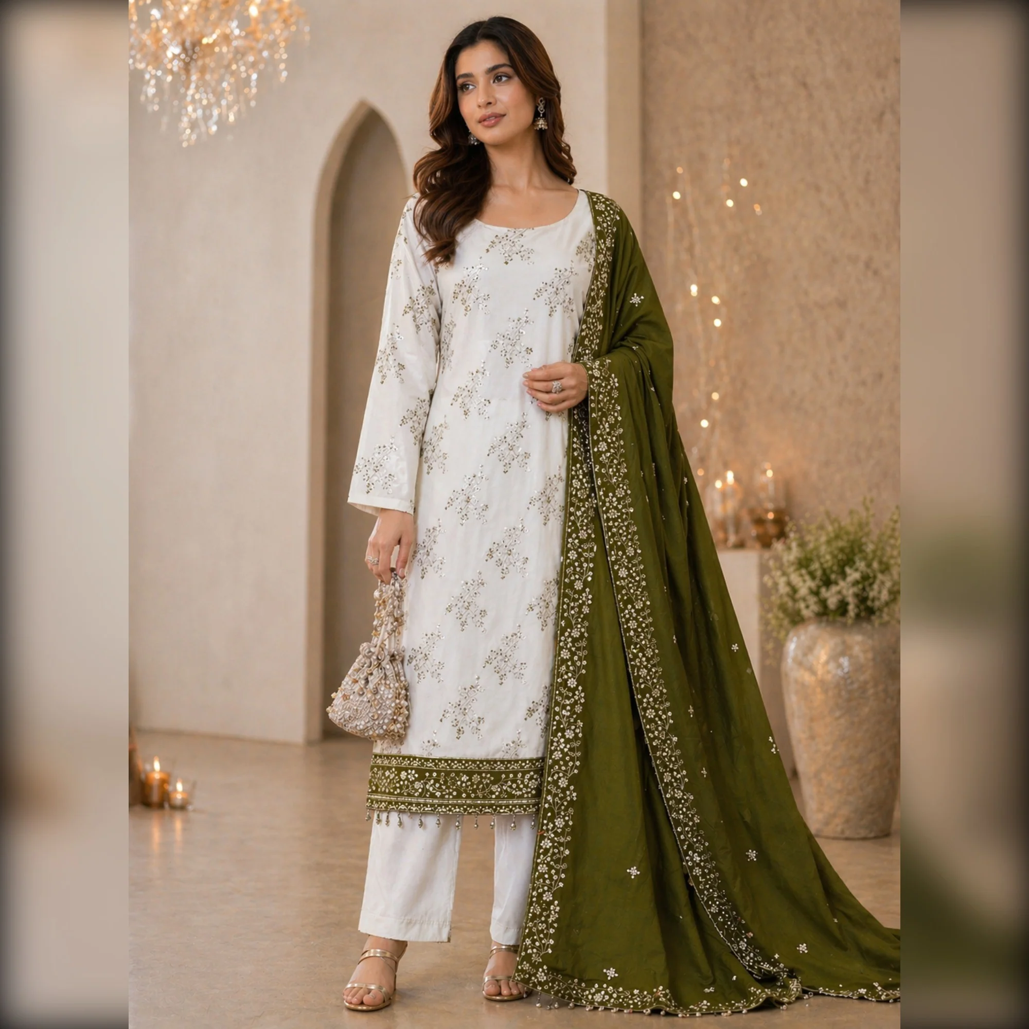 Green and Off White Vichitra Silk Fabric with Embroidered Detailing