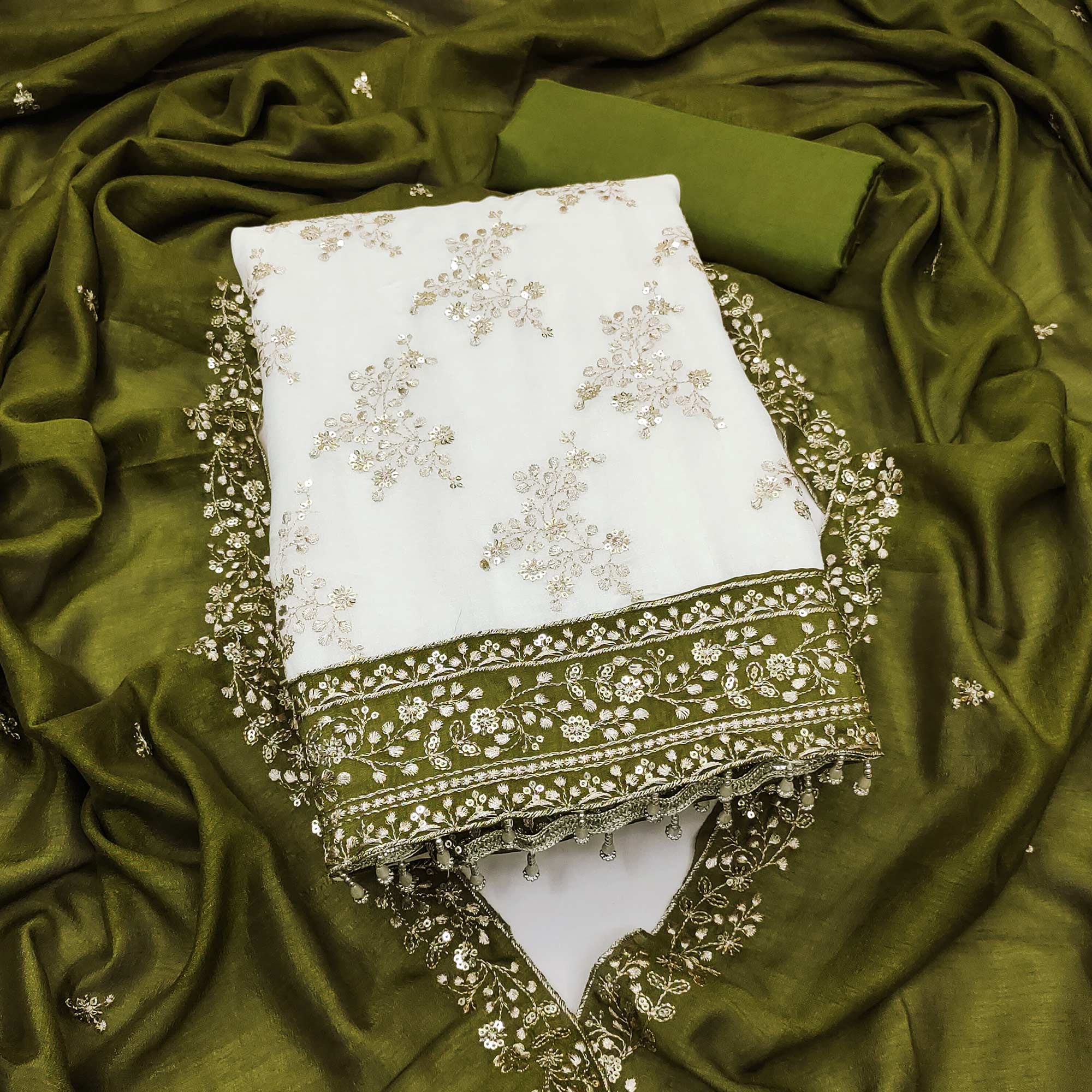 Green and Off White Vichitra Silk Fabric with Embroidered Detailing - Image 3