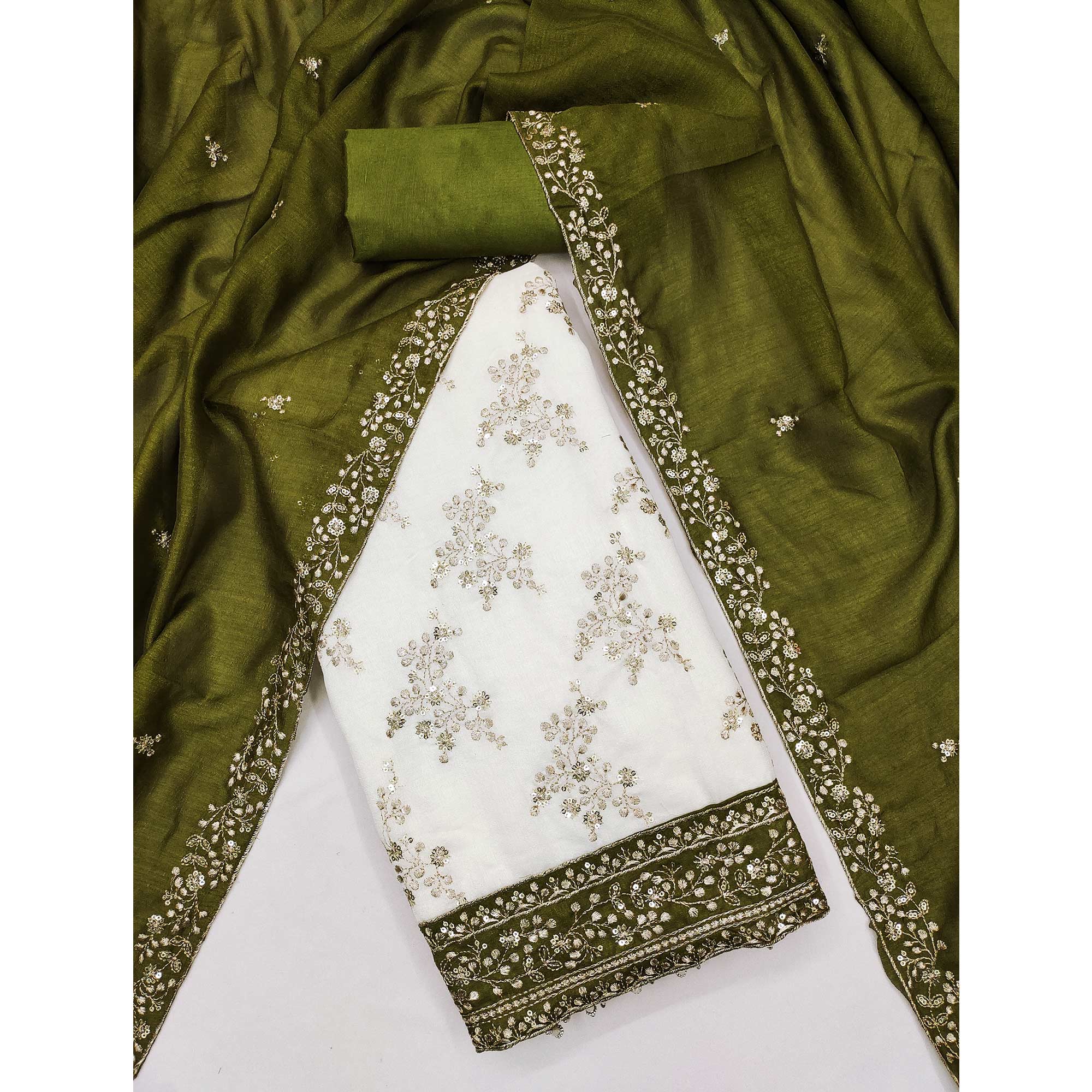 Green and Off White Vichitra Silk Fabric with Embroidered Detailing - Image 4