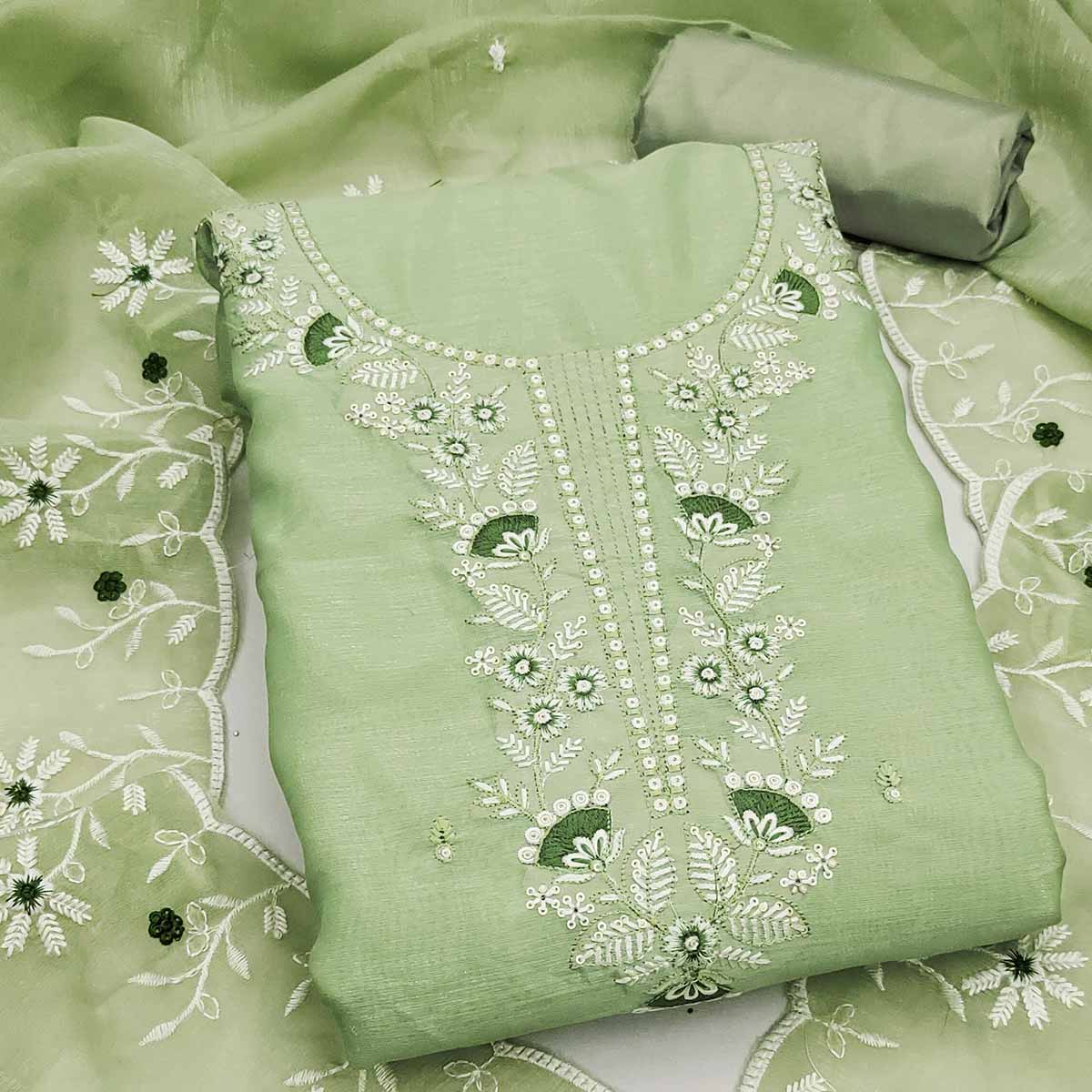Green Art Silk Dress Material With Graceful Floral Thread Embroidery & Sparkling Sequins - Image 2