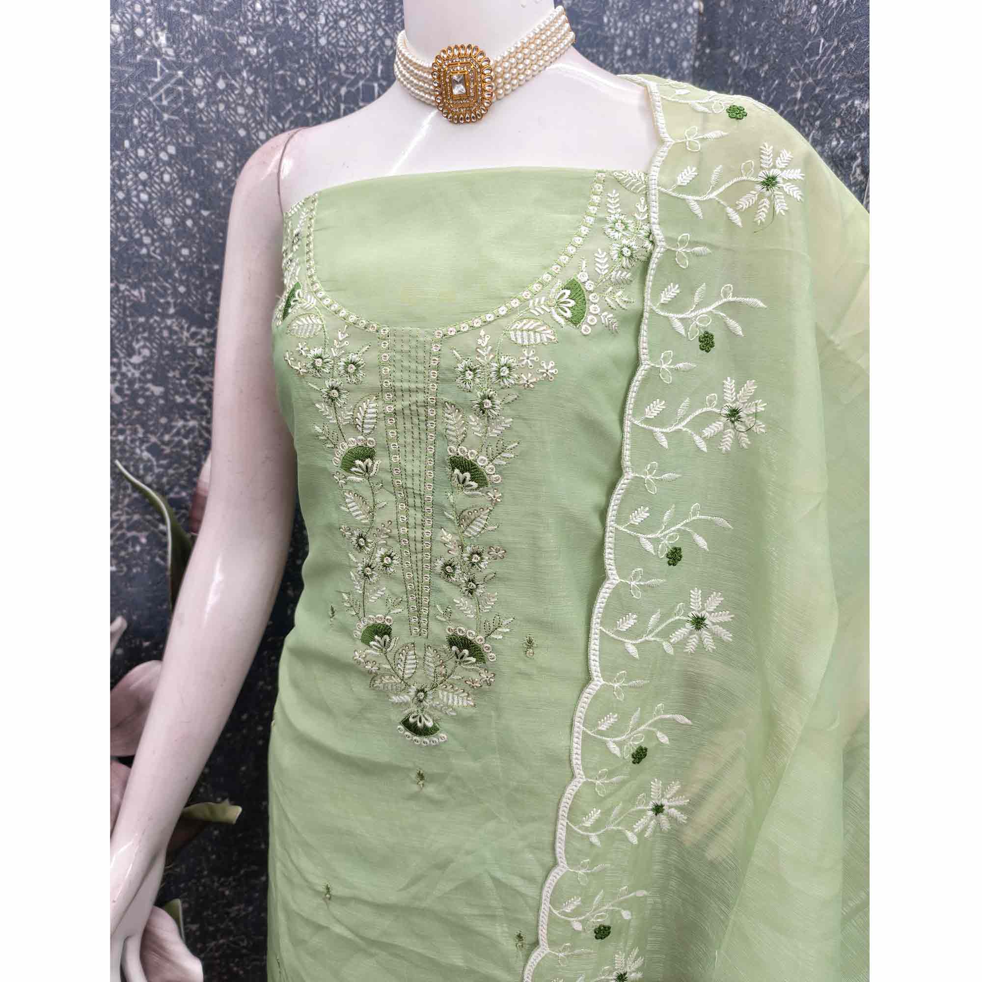 Green Art Silk Dress Material With Graceful Floral Thread Embroidery & Sparkling Sequins - Image 4
