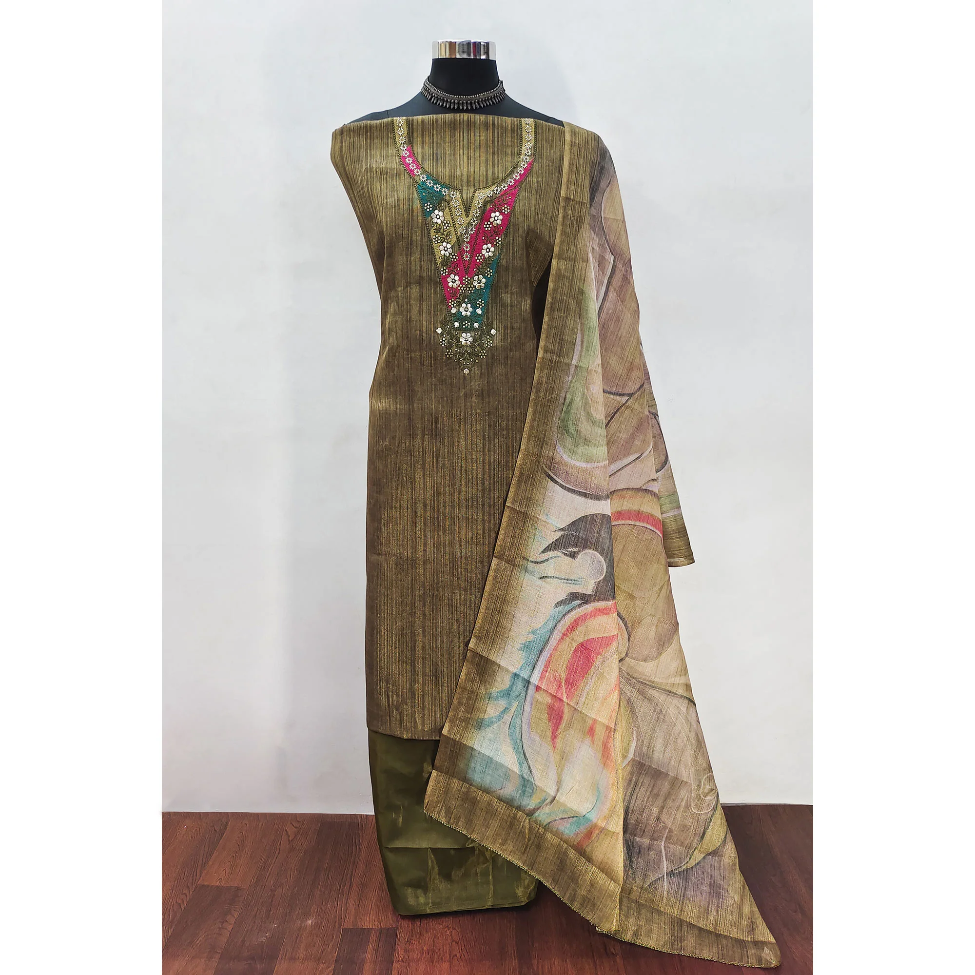 Green Art Silk Dress Material With Neck Embroidery - Image 3