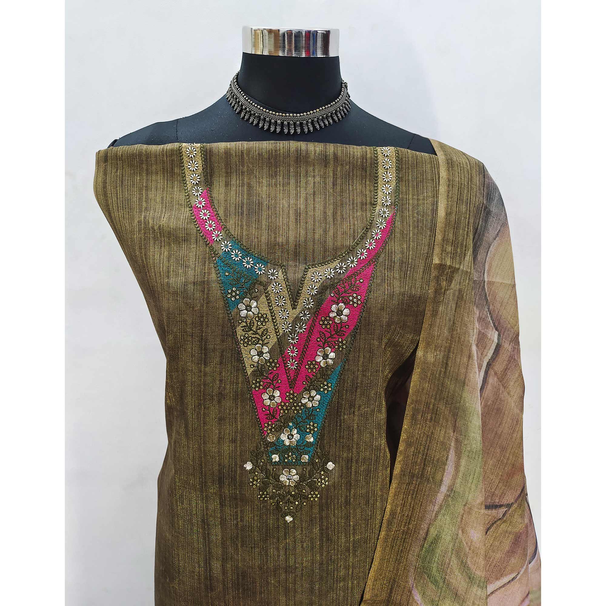 Green Art Silk Dress Material With Neck Embroidery - Image 4
