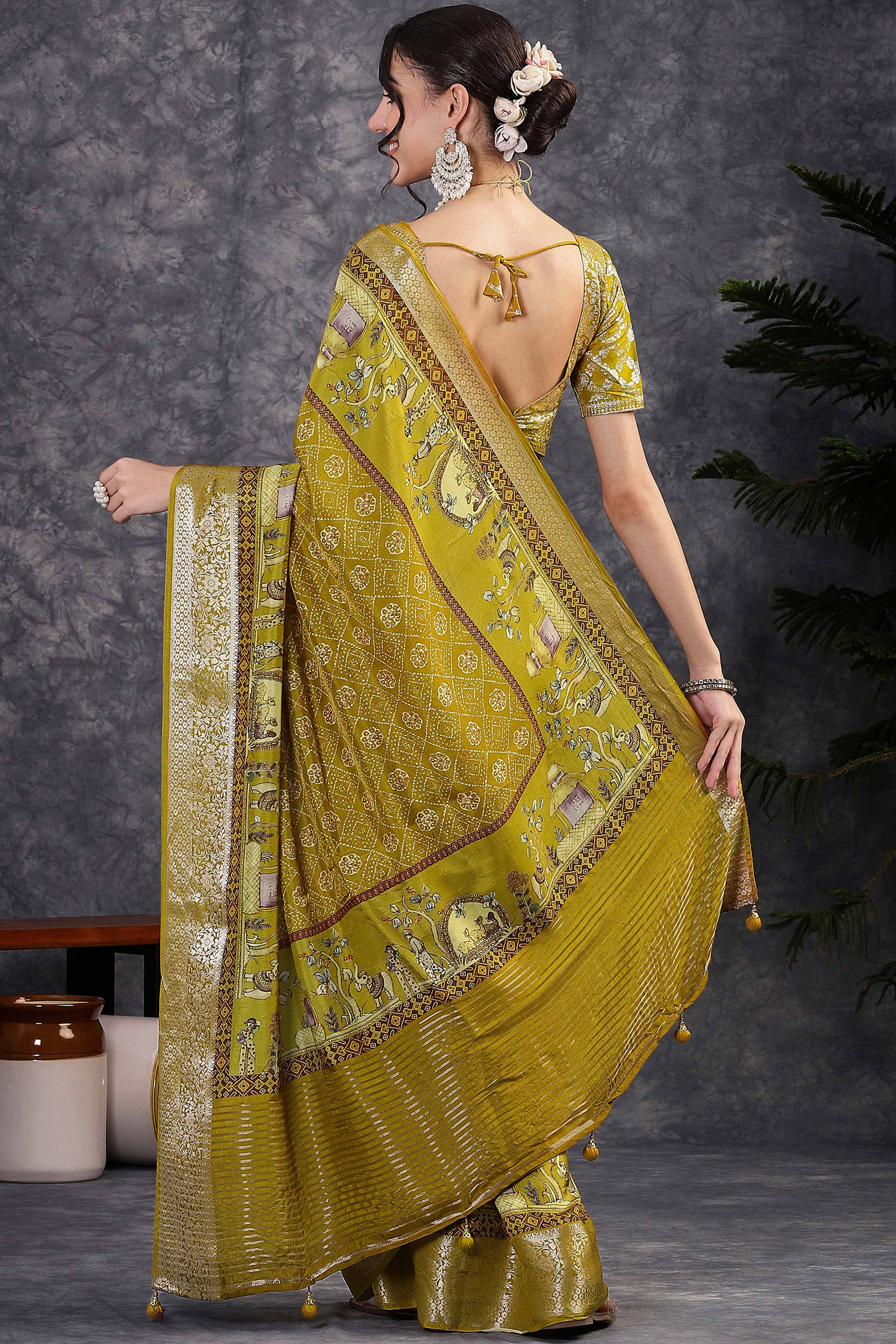 Green Artistic Print Saree in Dola Silk with Woven Border - Image 3