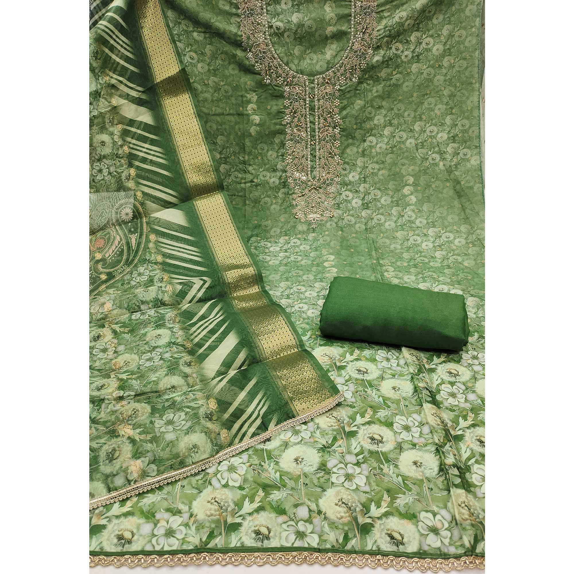Green Banarasi Cotton Blend Dress Material With Floral Digital Print & Elegant Moti Handwork - Image 4