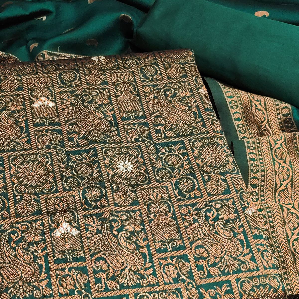 Green Banarasi Silk Dress Material With Heavy Zari Weaving - Image 2