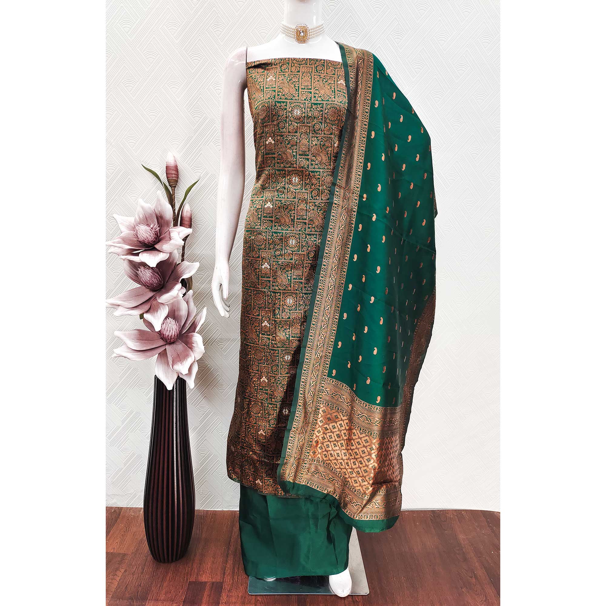 Green Banarasi Silk Dress Material With Heavy Zari Weaving - Image 3