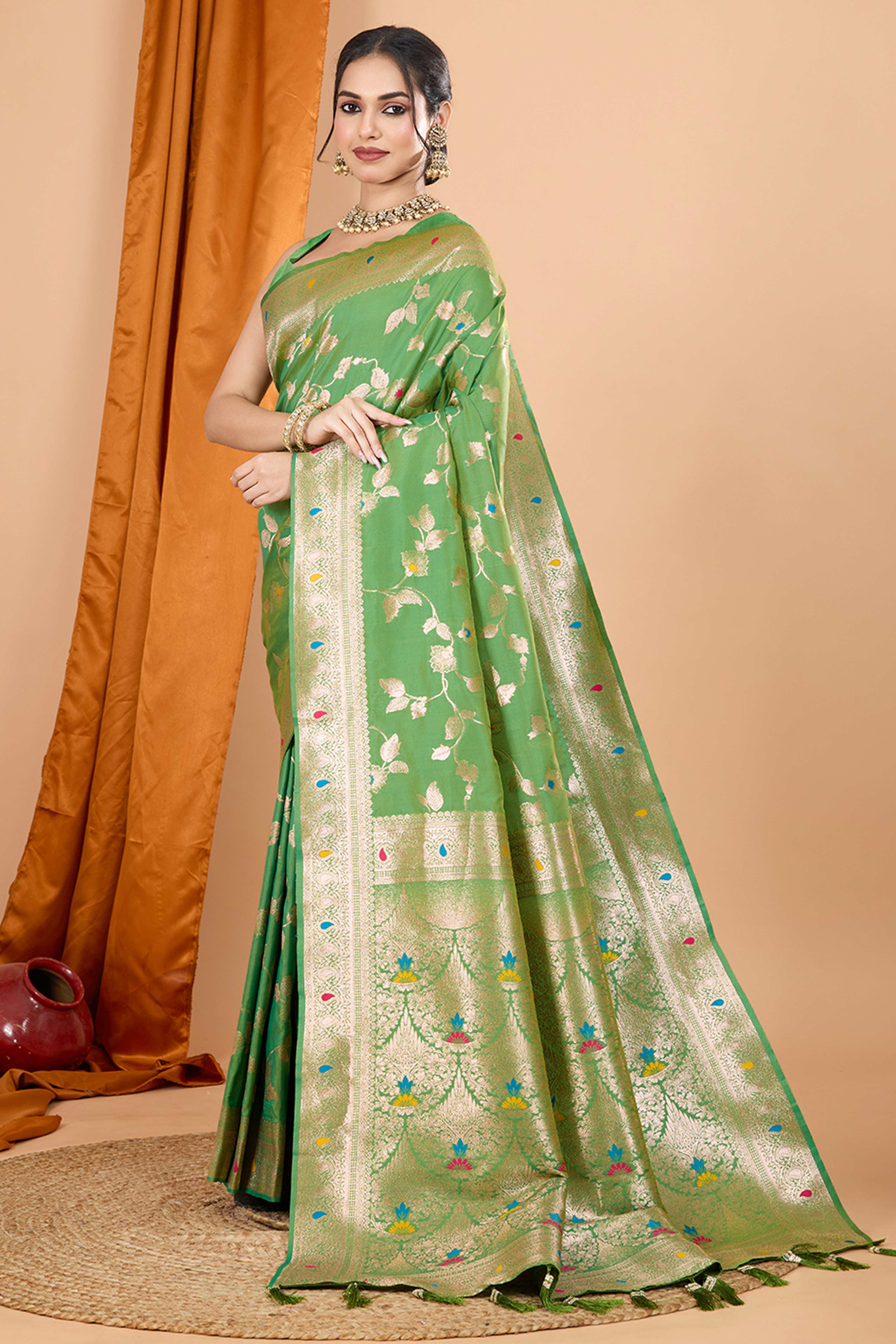 Green Banarasi Silk Saree With Exquisite Floral Zari Weaving and Elegant Tassels - Image 3