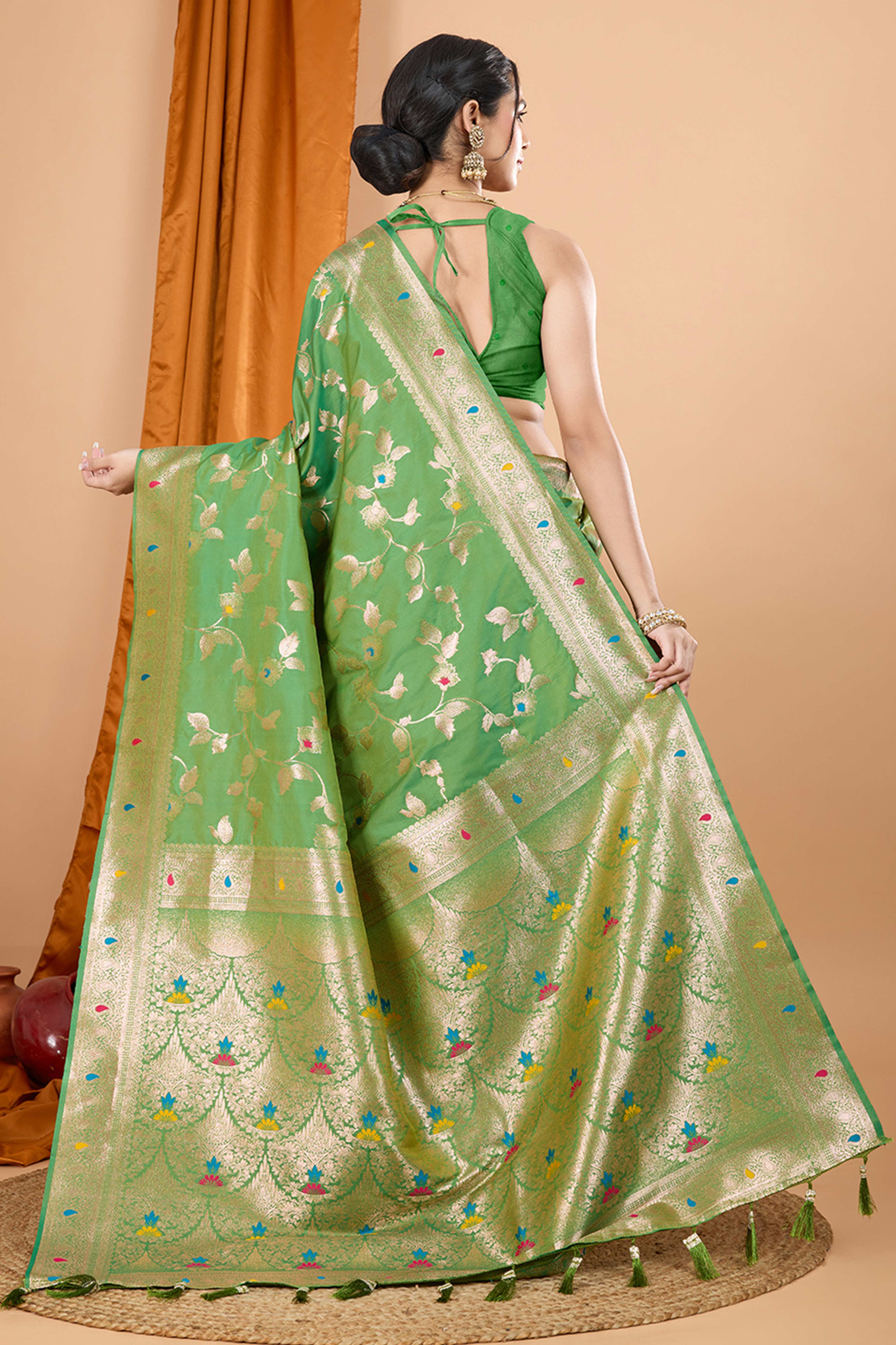 Green Banarasi Silk Saree With Exquisite Floral Zari Weaving and Elegant Tassels - Image 5