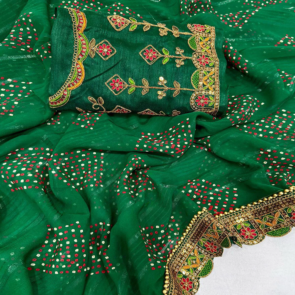 Green Bandhani Printed Georgette Saree for Festive Wear with Lace Detailing - Image 2