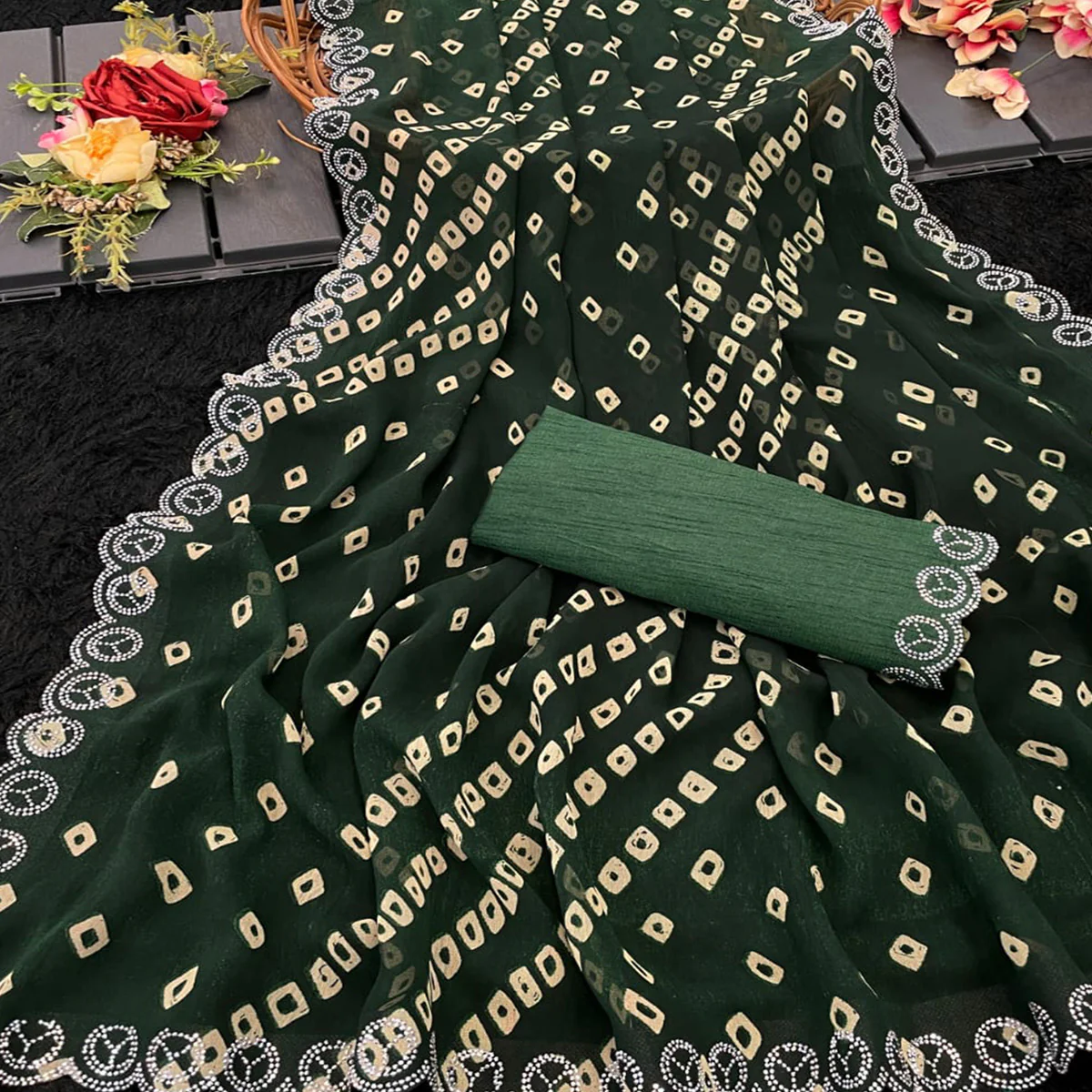 Green Bandhani Printed Georgette Saree With Stone Work Border - Image 2