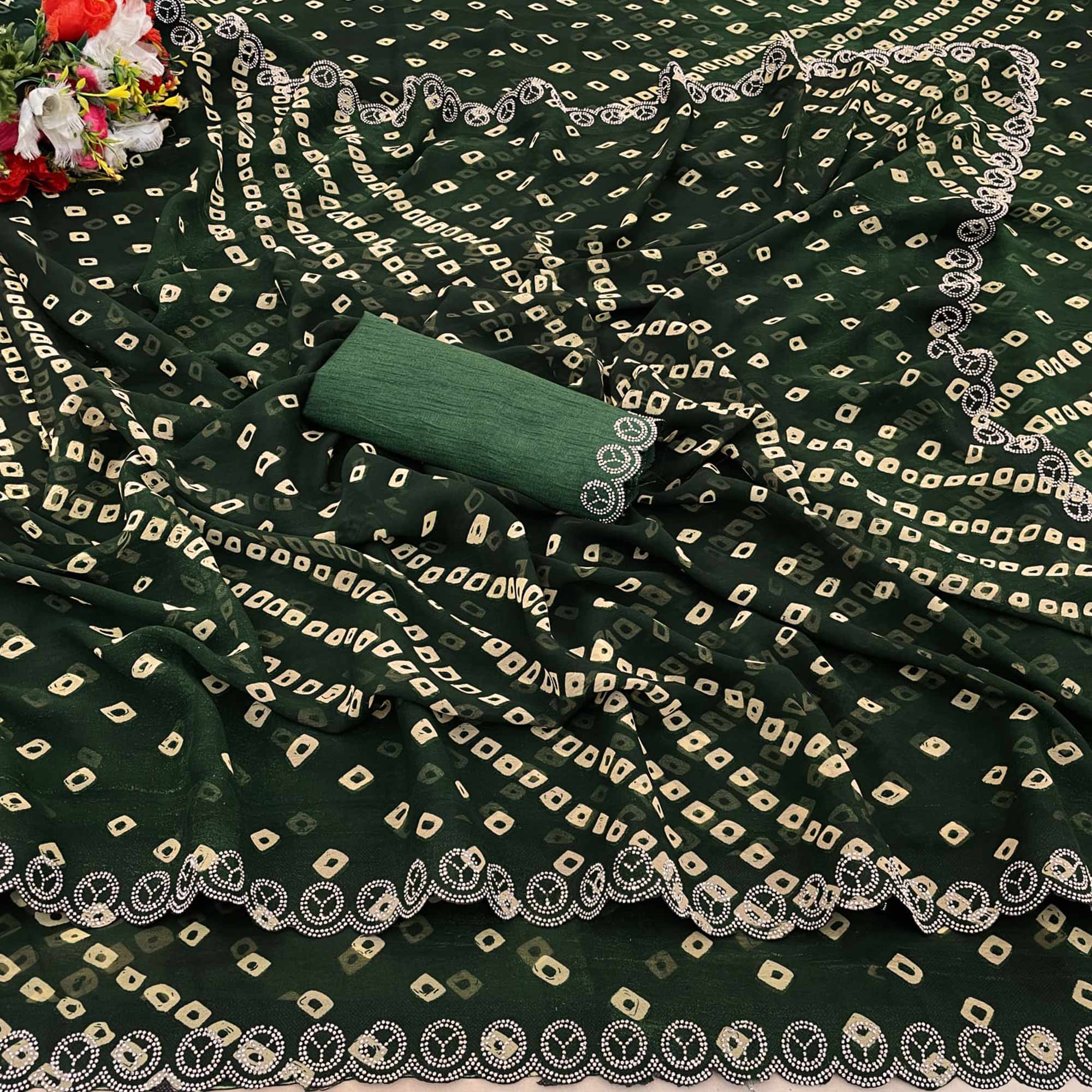 Green Bandhani Printed Georgette Saree With Stone Work Border - Image 3