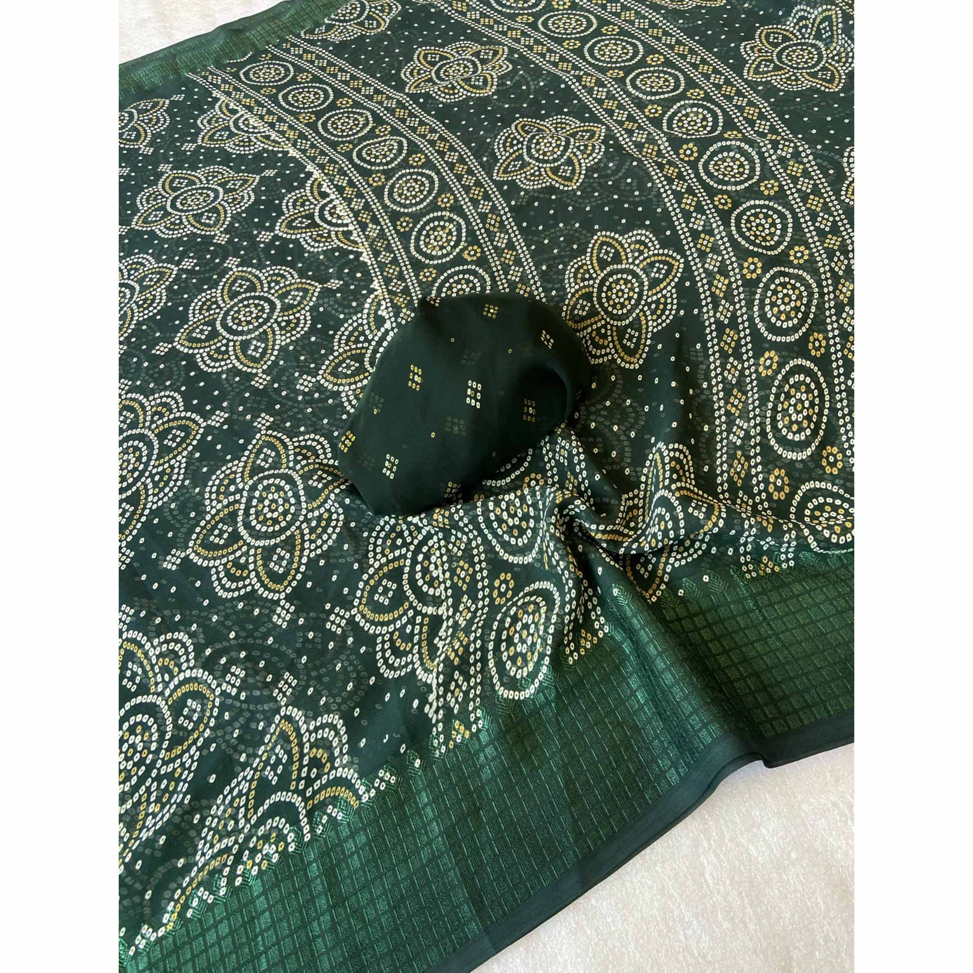 Green Bandhani Printed Georgette Saree With Viscose Border - Image 4