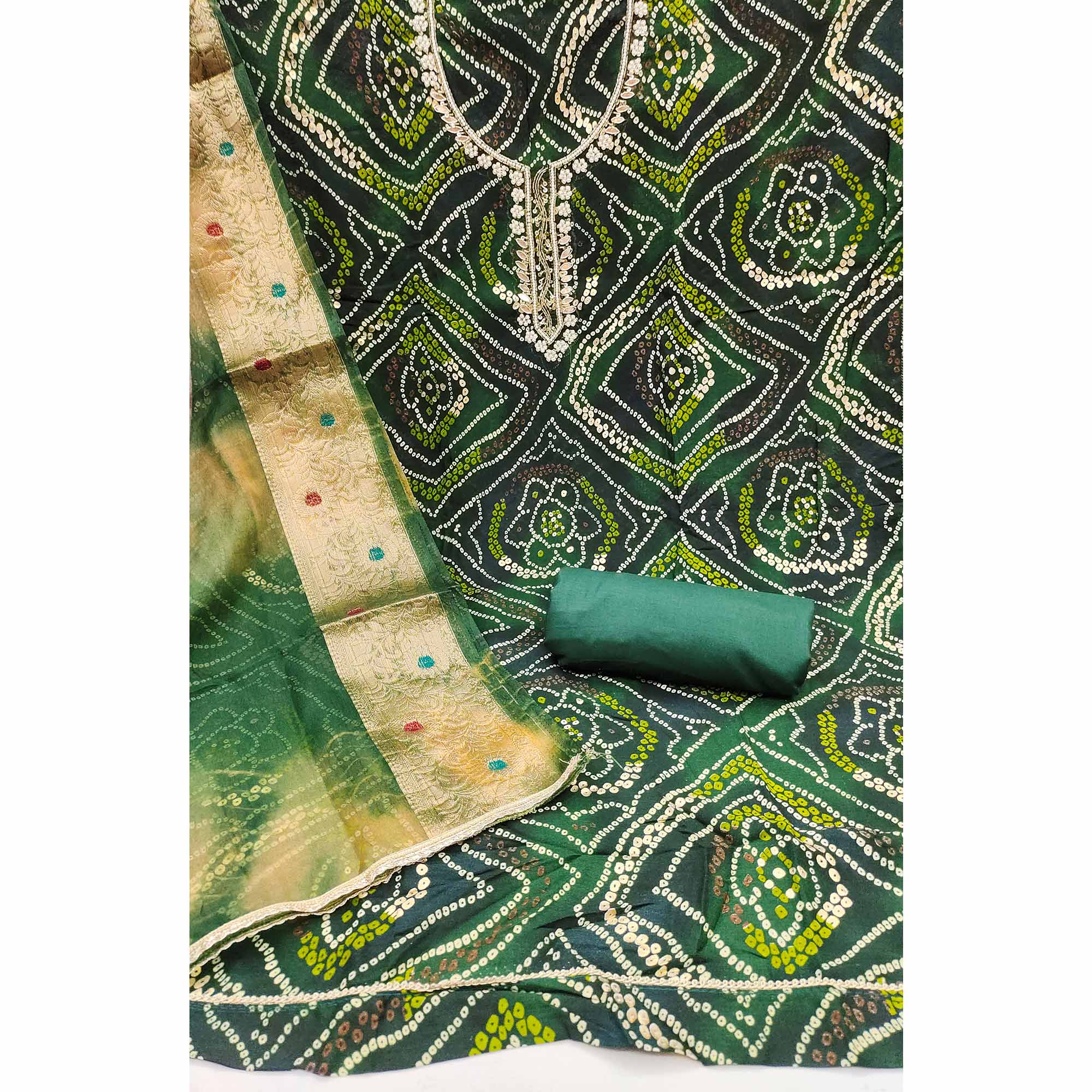 Green Bandhani Printed Pure Cotton Dress Material With Artistic Moti & Gota Patti Handwork - Image 4