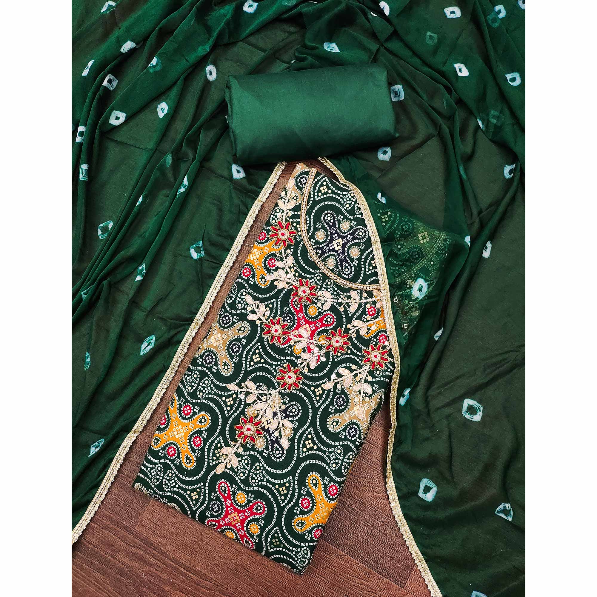 Green Bandhani Printed Pure Cotton Dress Material With Delicate Moti & Gota Patti Handwork - Image 3