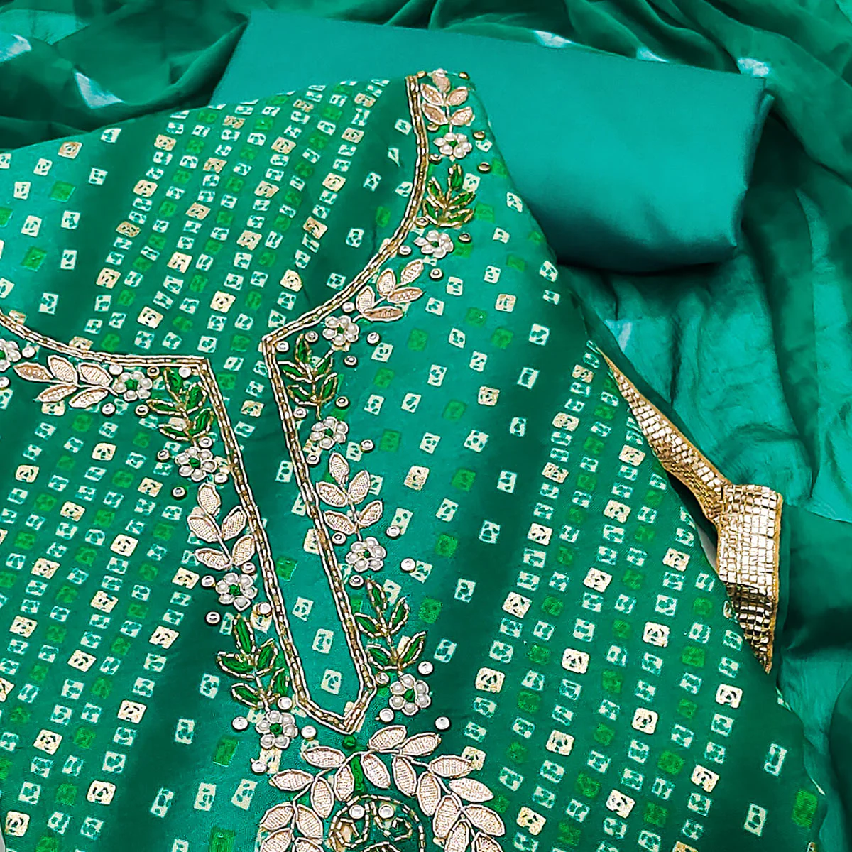 Green Bandhani Printed Pure Cotton Dress Material With Intricate Moti & Gota Patti Handwork - Image 2