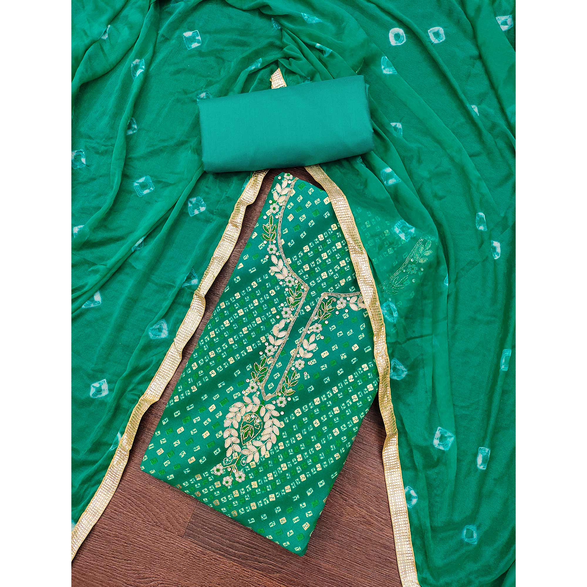 Green Bandhani Printed Pure Cotton Dress Material With Intricate Moti & Gota Patti Handwork - Image 3