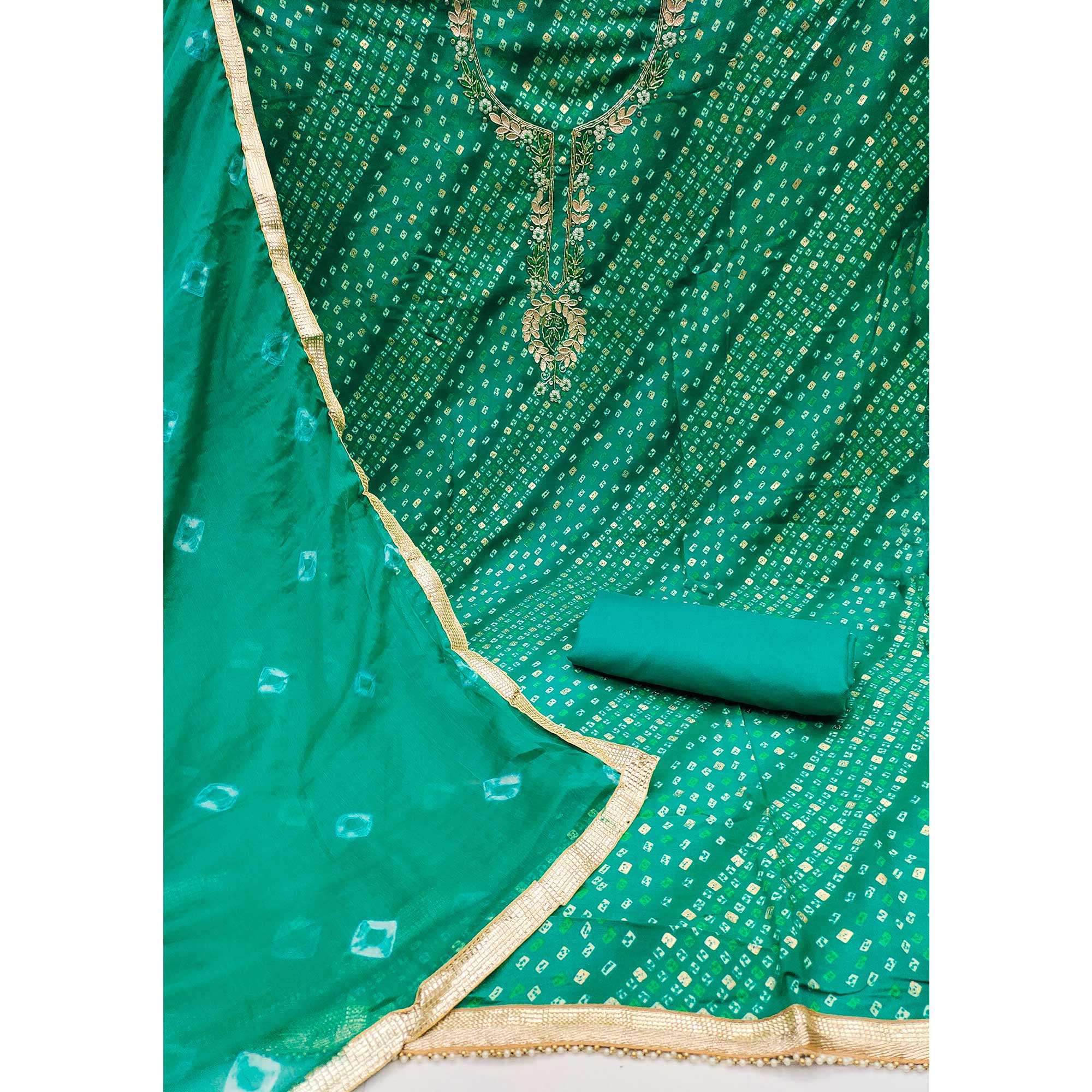 Green Bandhani Printed Pure Cotton Dress Material With Intricate Moti & Gota Patti Handwork - Image 4