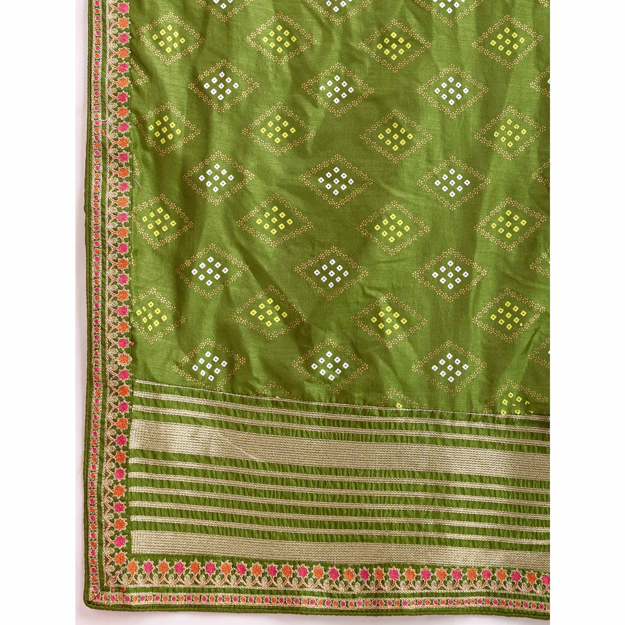 Green Bandhani Printed Vichitra Silk Saree With Embroidery Border - Image 8