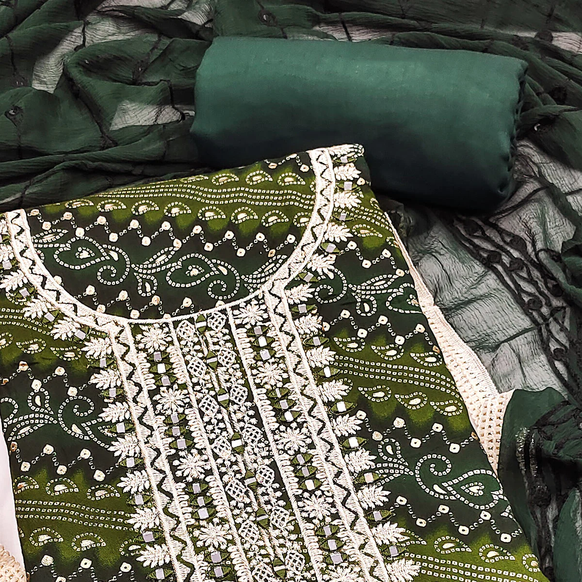 Green Bandhani Printed With Embroidered Rayon Dress Material - Image 2
