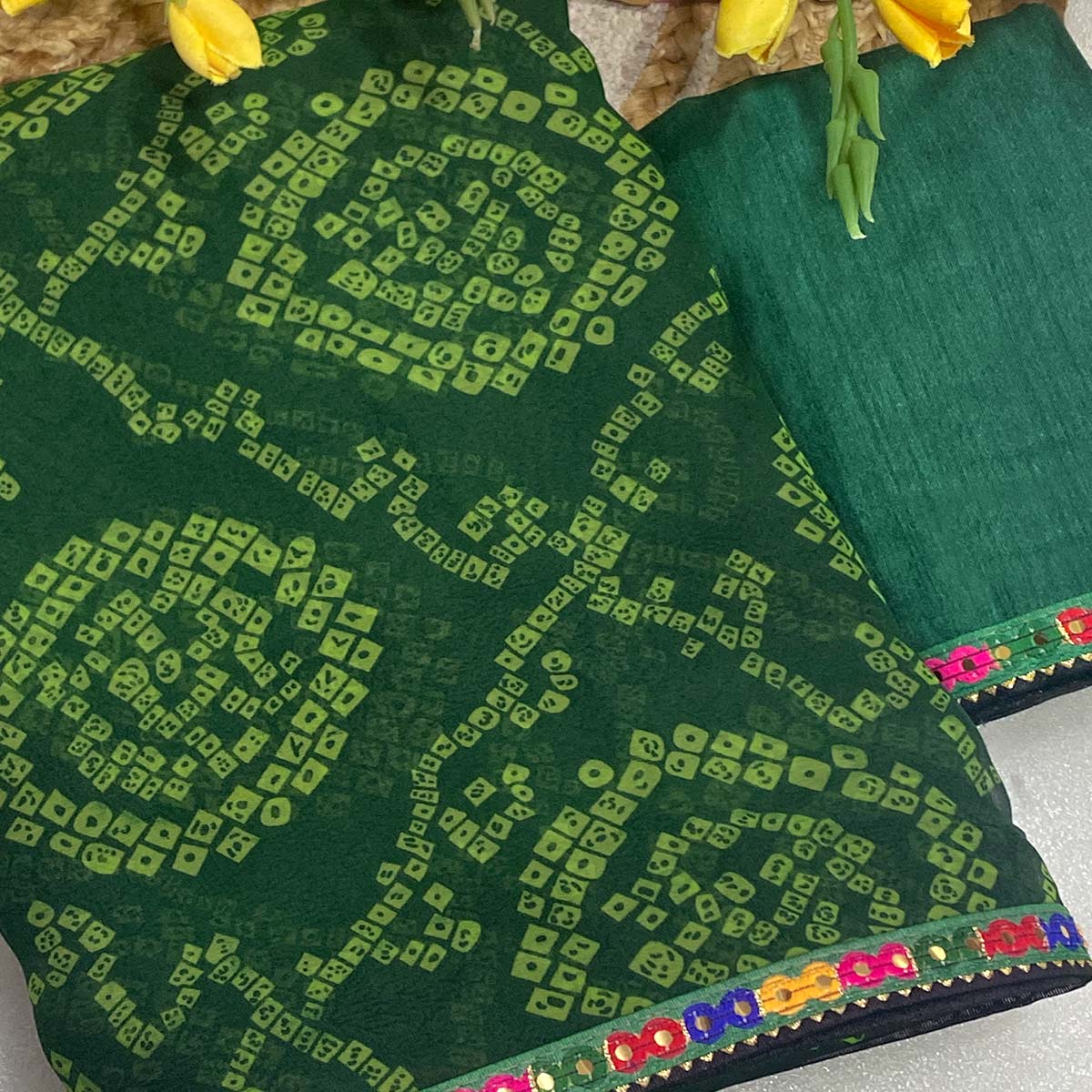 Green Bandhej Printed Georgette Saree with Flowy Drape - Image 2