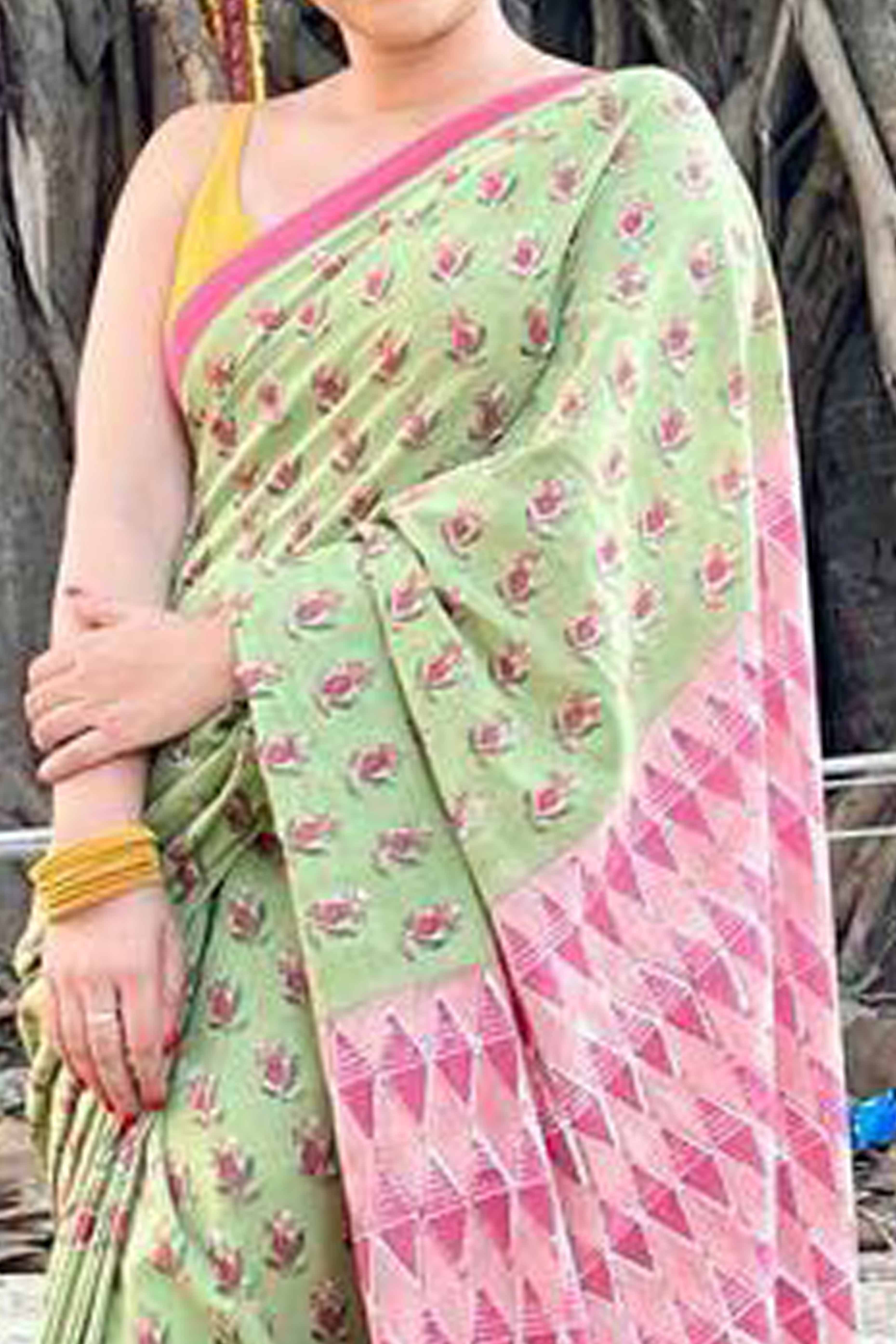 Green Batik Printed Pure Linen Saree With Tassels - Image 2