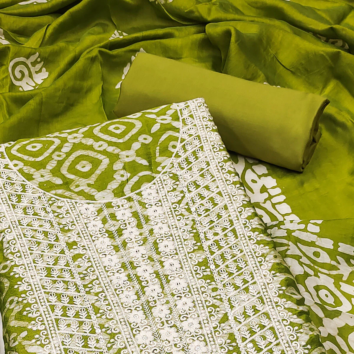 Green Batik Printed With Embroidered Cotton Silk Dress Material - Image 2
