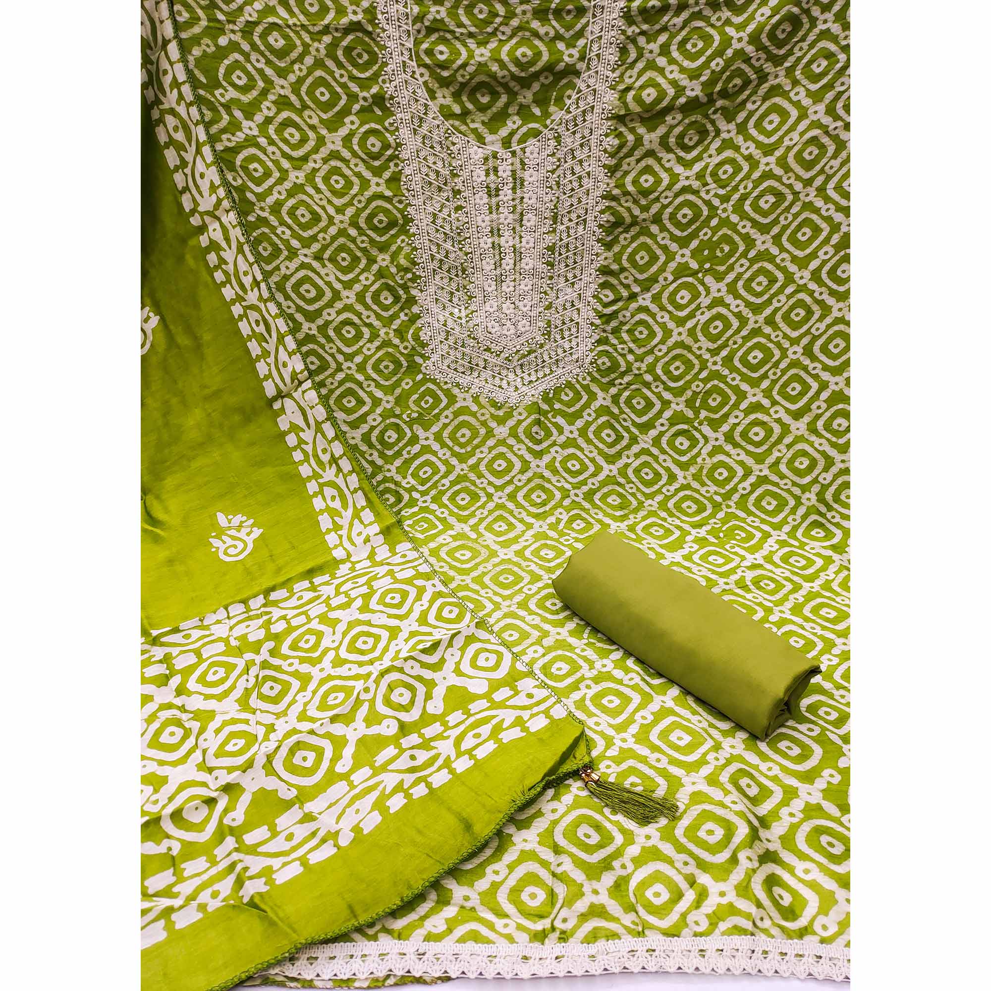 Green Batik Printed With Embroidered Cotton Silk Dress Material - Image 3