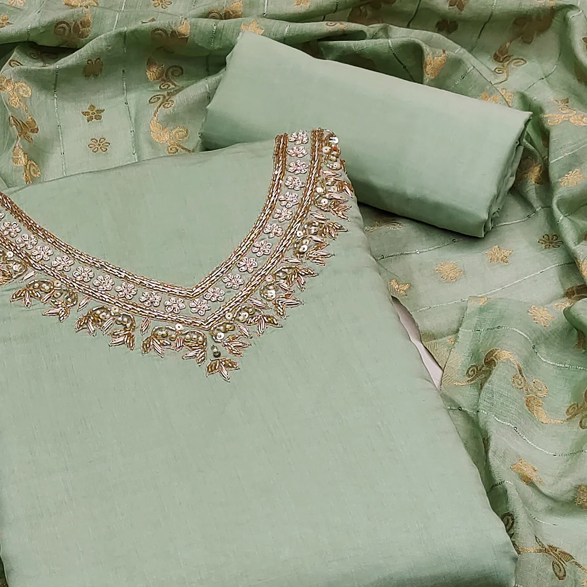 Green Beads Embroidered Viscose Dress Material - Image 2