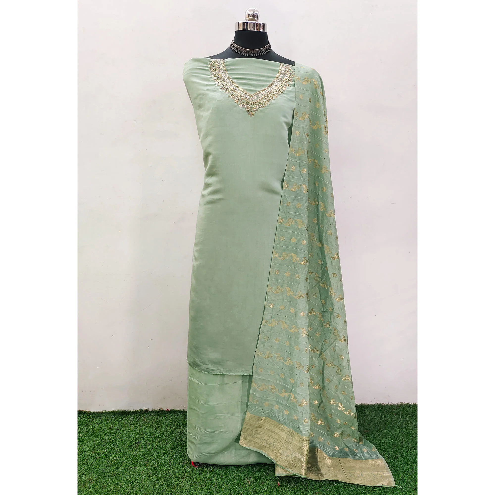Green Beads Embroidered Viscose Dress Material - Image 3