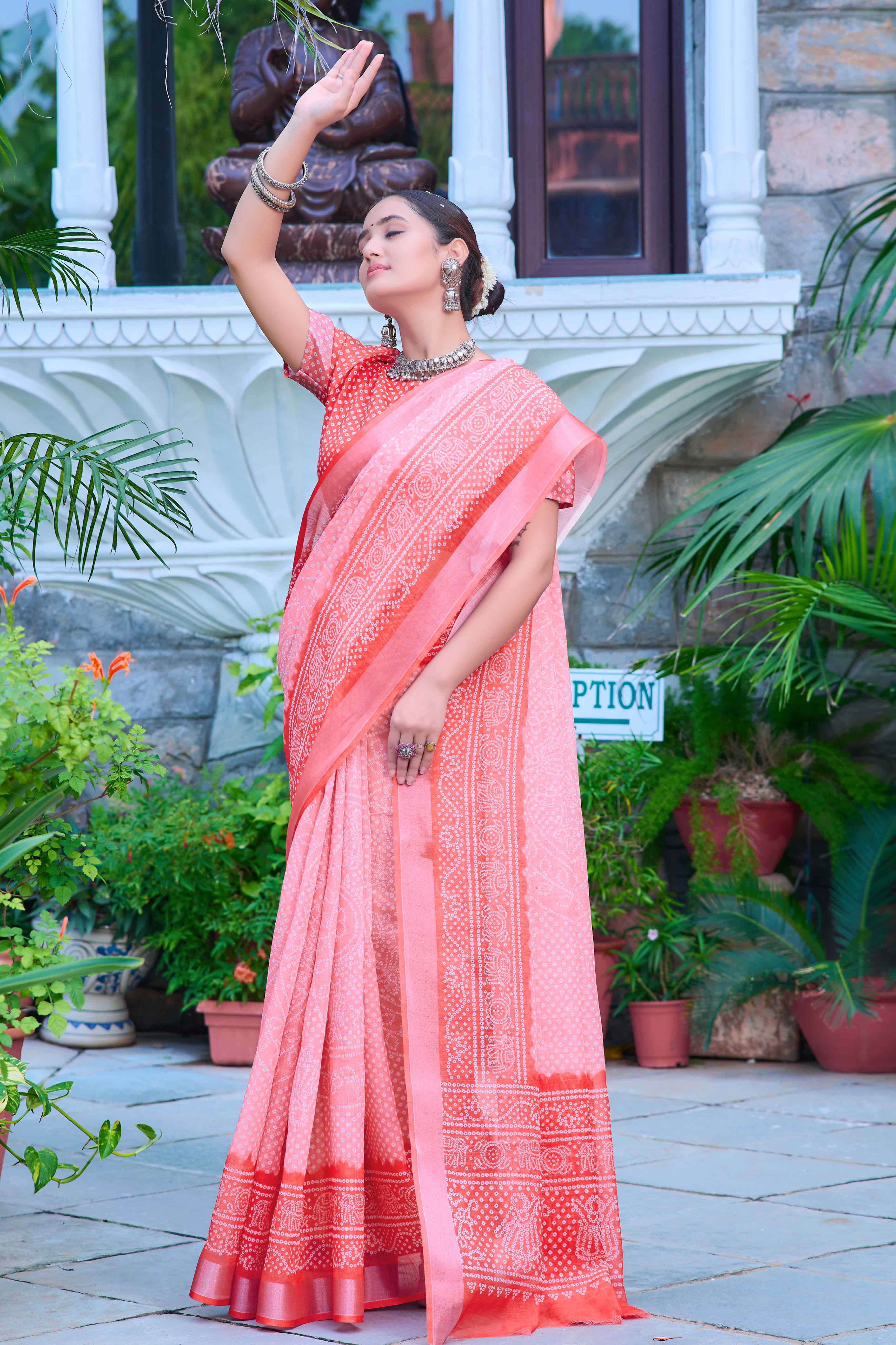 Gajri Pink Bandhani Printed Linen Saree - Image 5