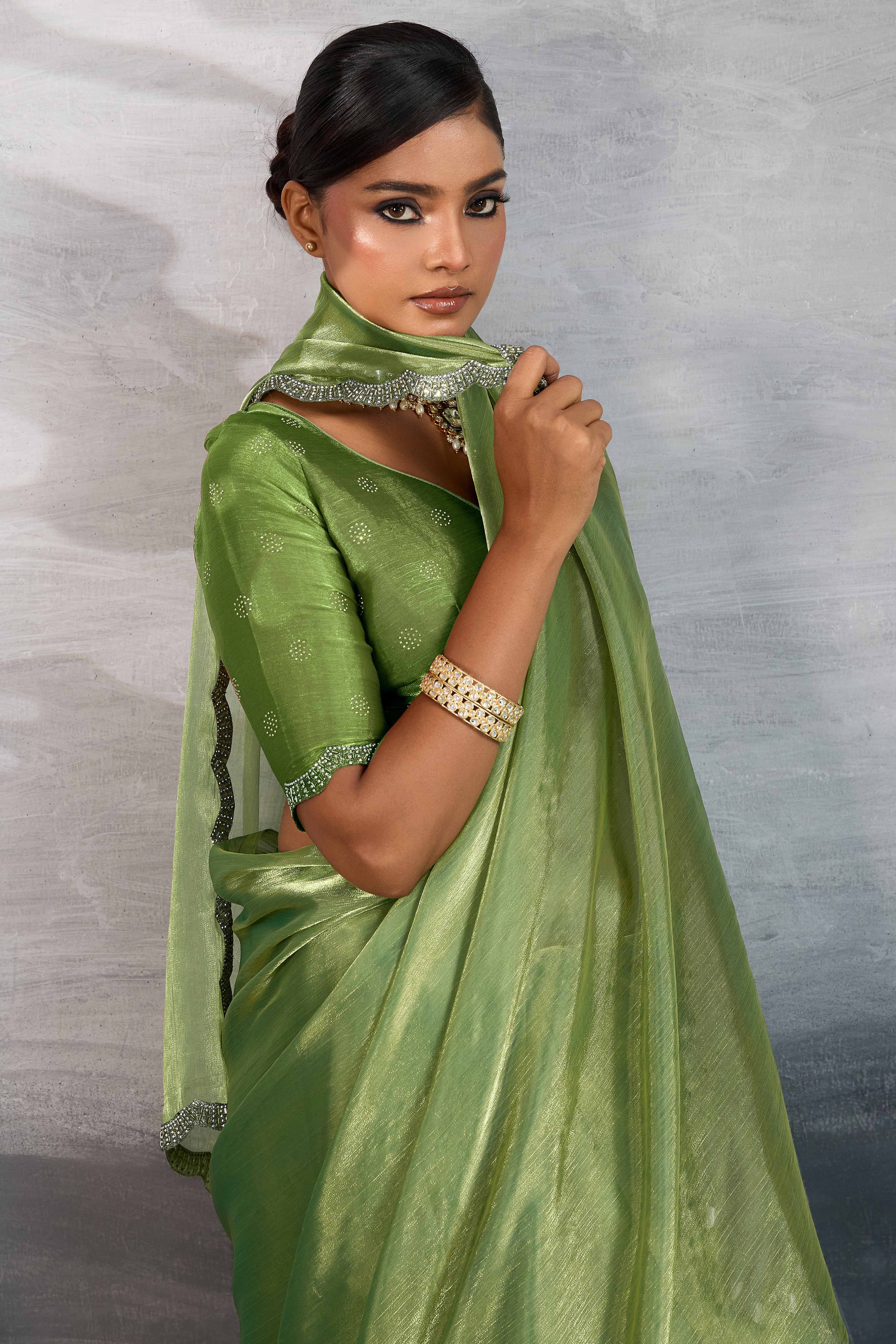 Green Burberry Chiffon Saree Embellished With Zarkan & Cutdana Appliqué Lace Border - Image 5