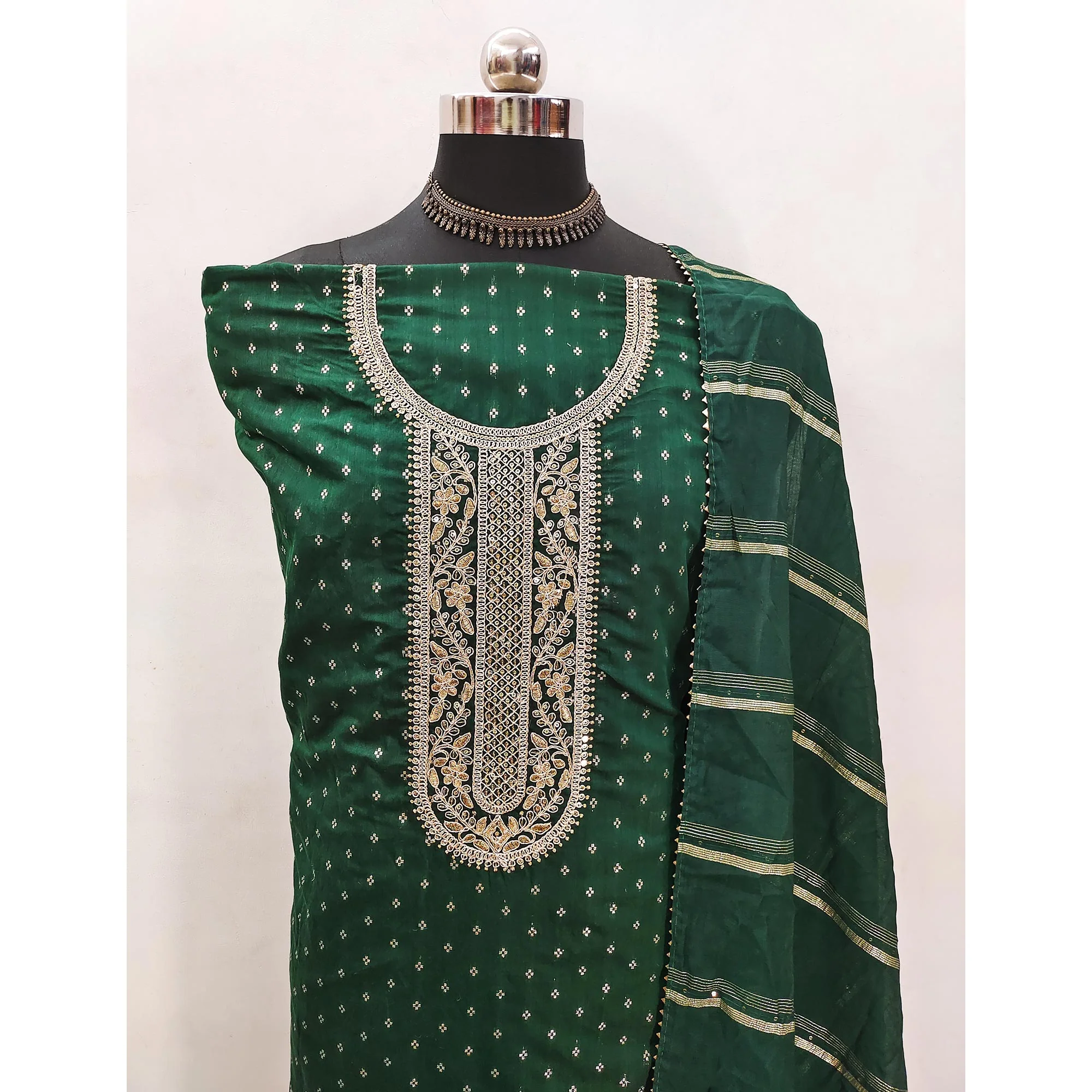 Green Butti With Embroidered Chanderi Silk Dress Material - Image 4