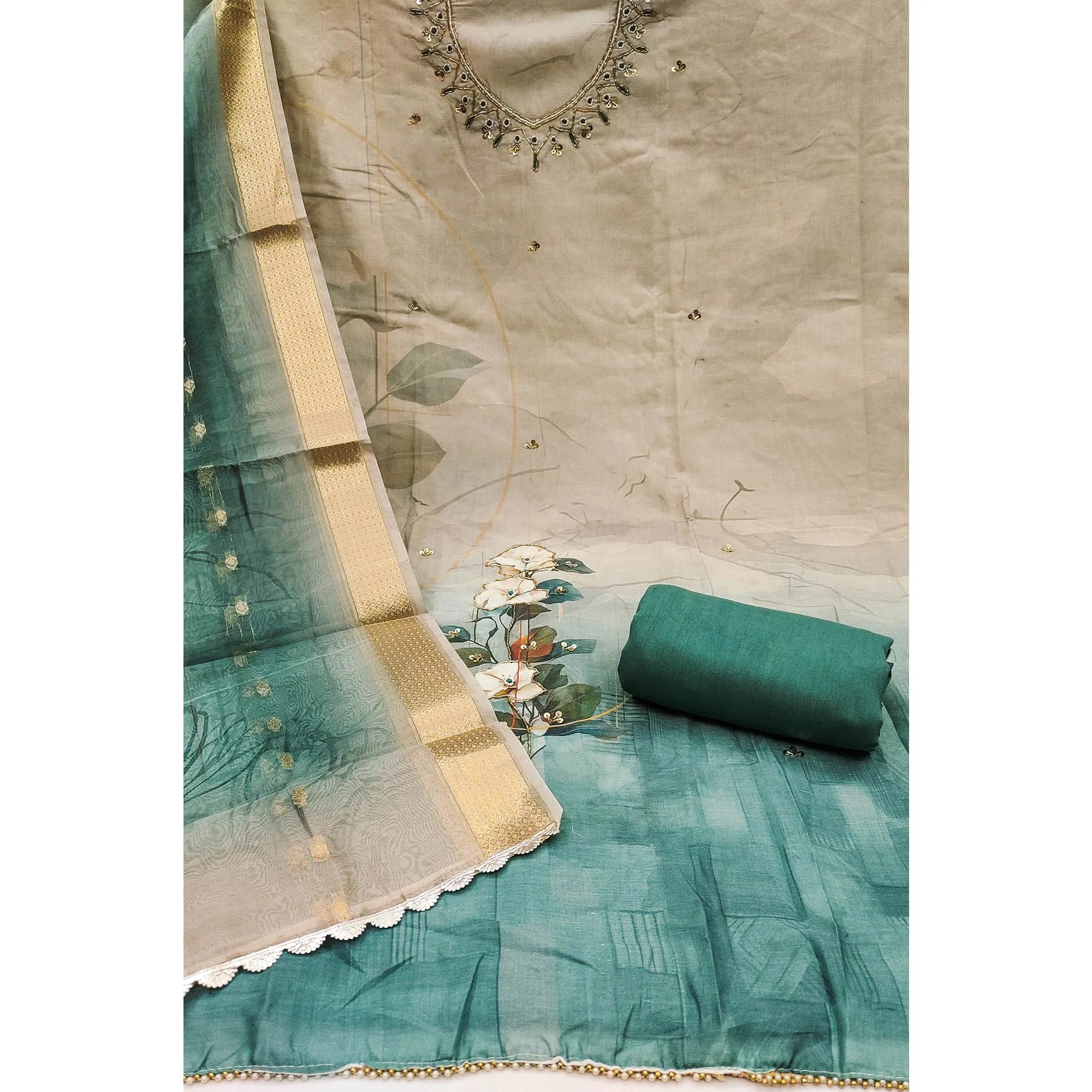 Green Cambric Cotton Dress Material Adorned With Floral Prints & Hand Moti Embellishment - Image 4