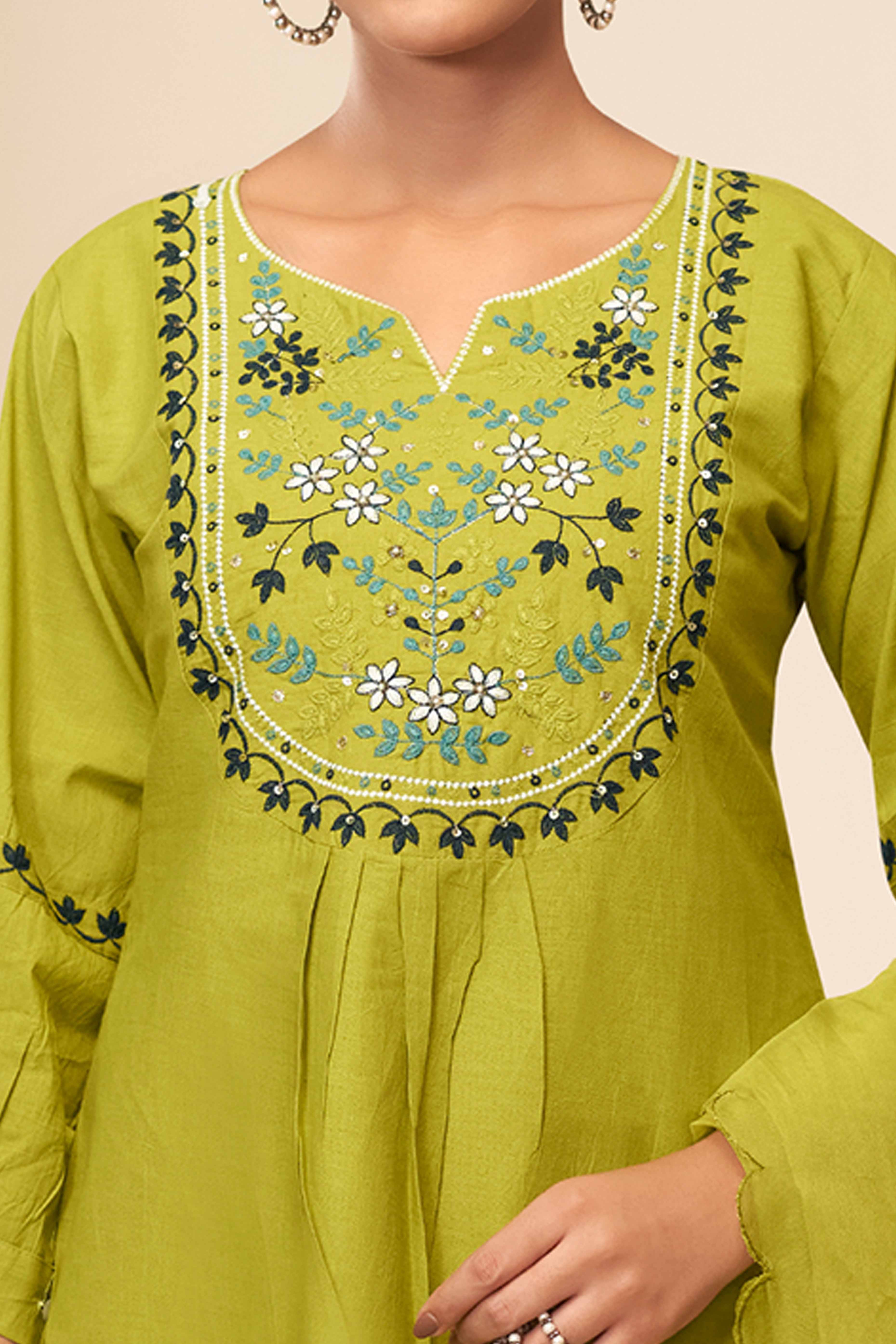 Green Cambric Cotton Suit with Delicate Floral Embroidery - Image 2