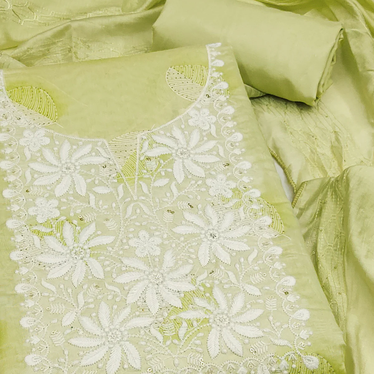 Green Chanderi Cotton Dress Material Adorned With Floral Thread Embroidery & Sequins Work - Image 2