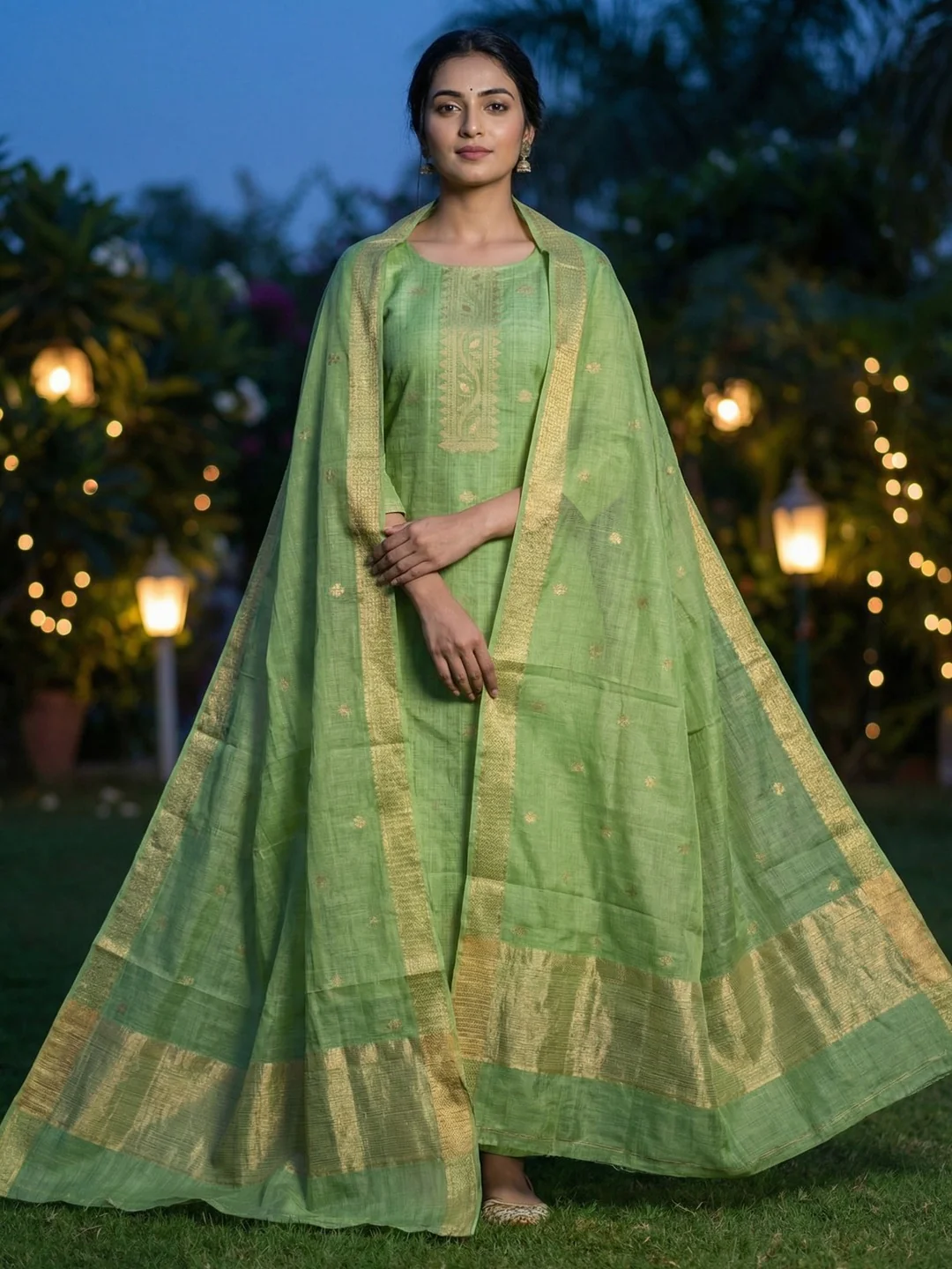 Green Chanderi Cotton Dress Material Featuring Detailed Woven Design