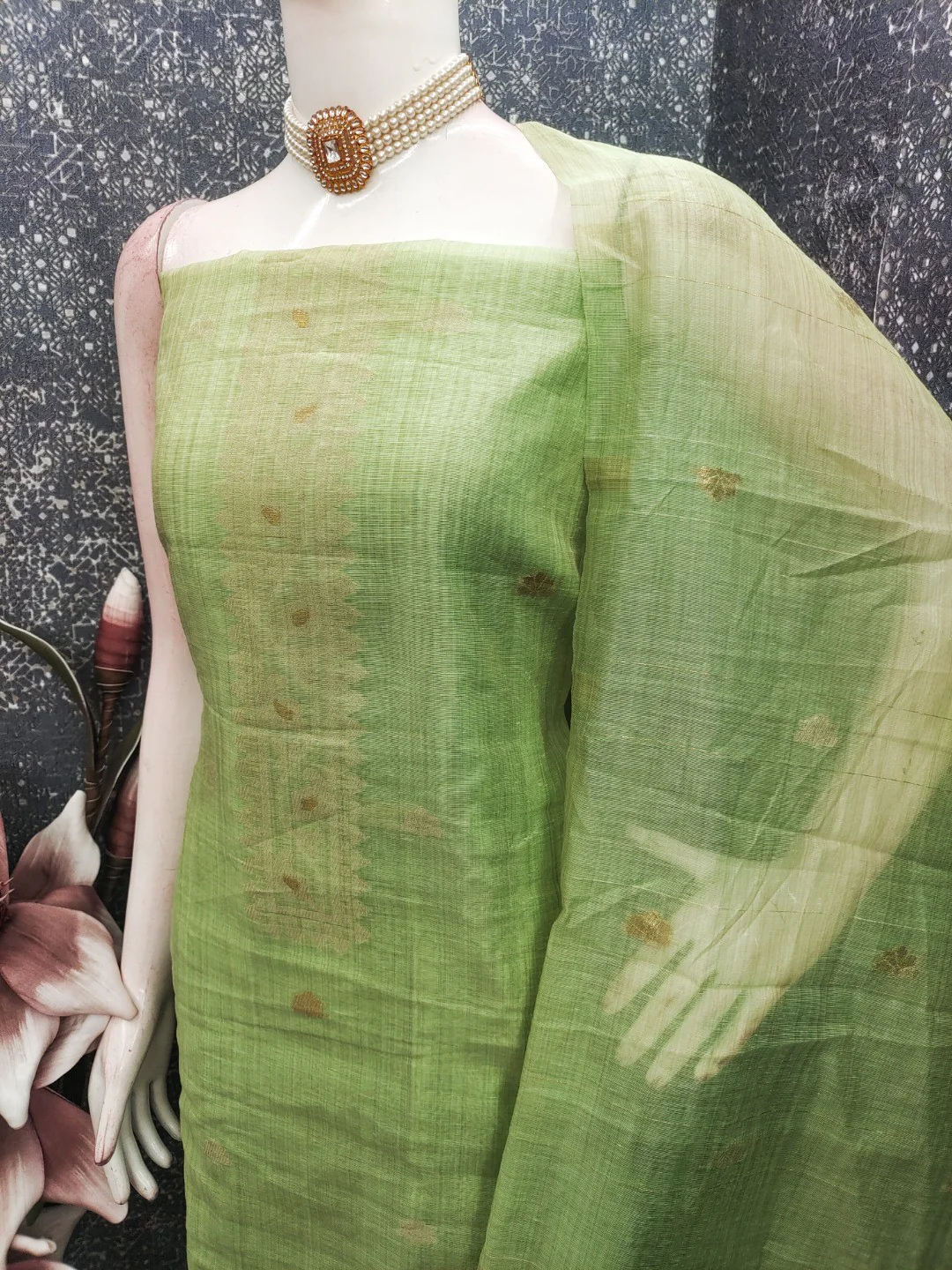 Green Chanderi Cotton Dress Material Featuring Detailed Woven Design - Image 3