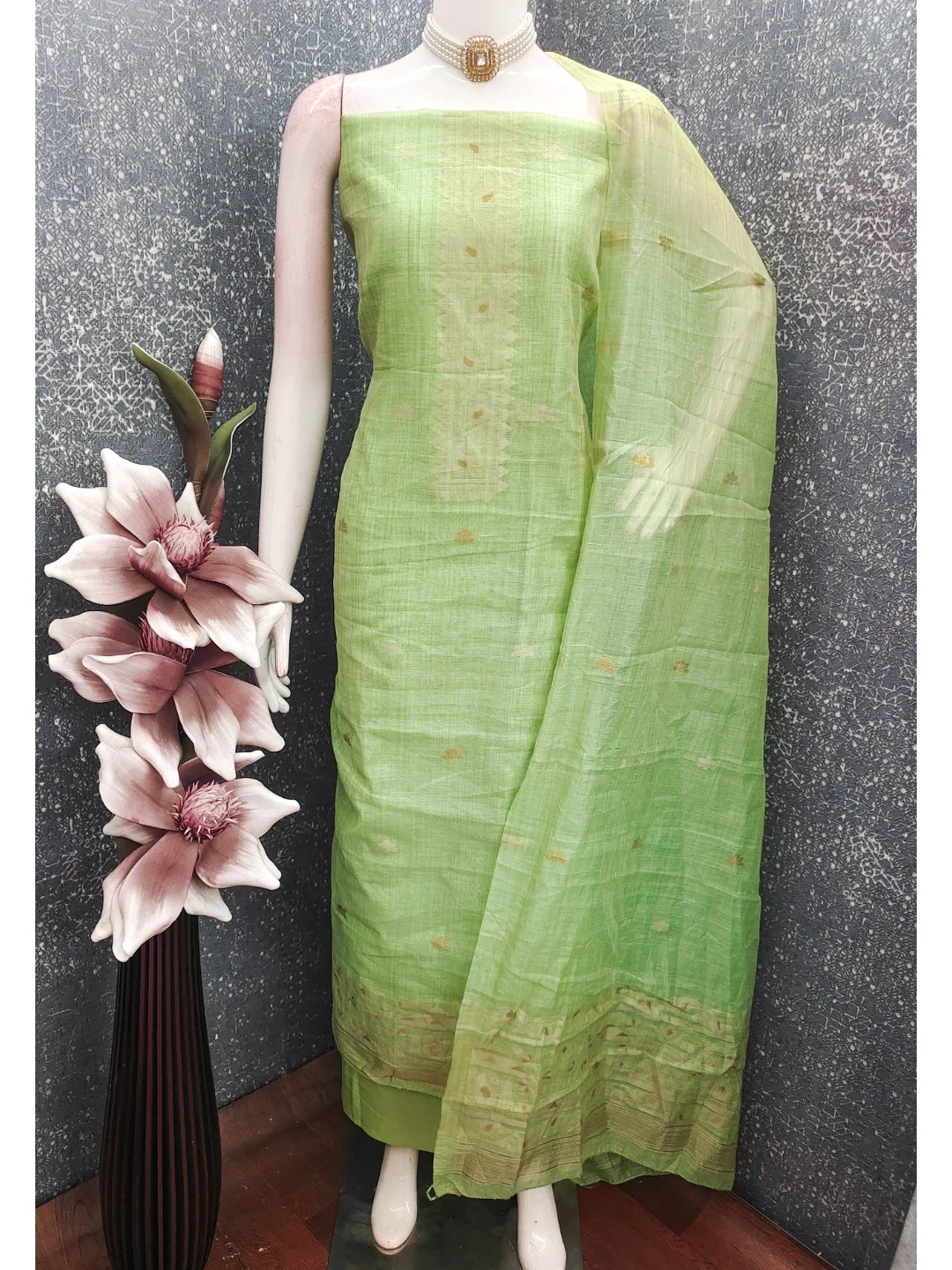 Green Chanderi Cotton Dress Material Featuring Detailed Woven Design - Image 4