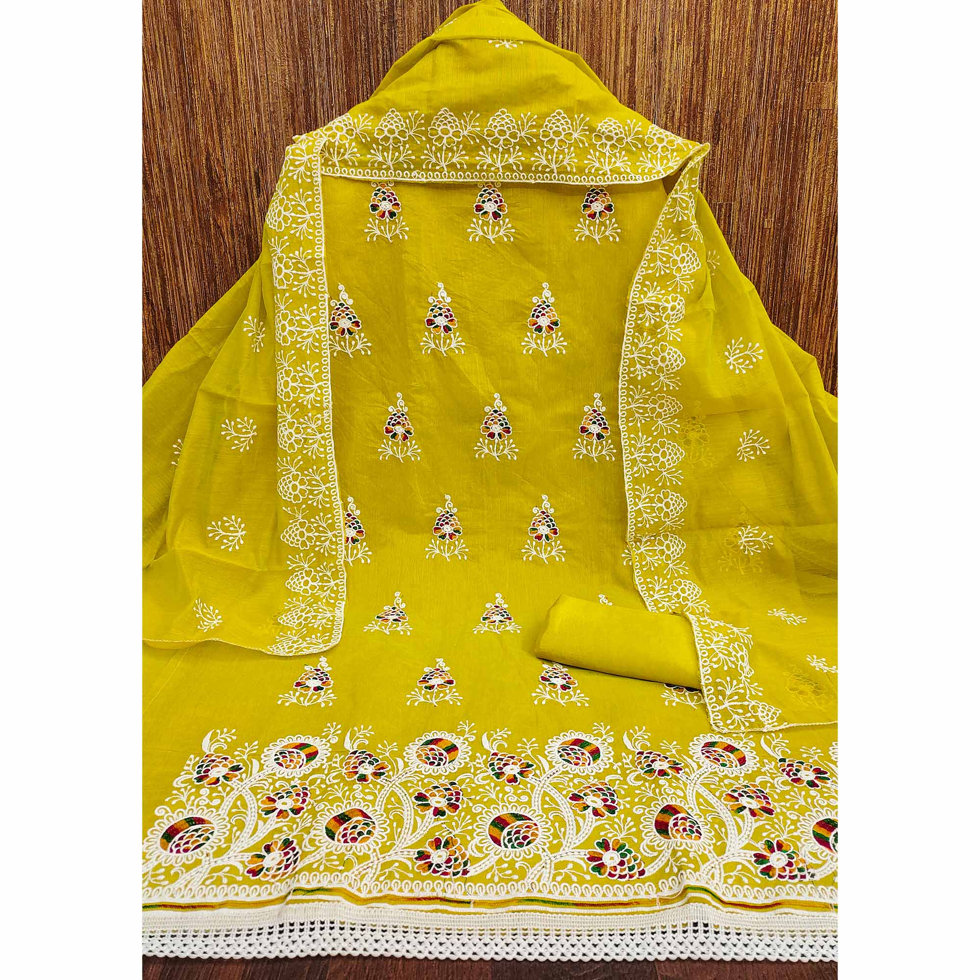 Green Chanderi Cotton Dress Material with Elegant Floral Thread Embroidery - Image 3