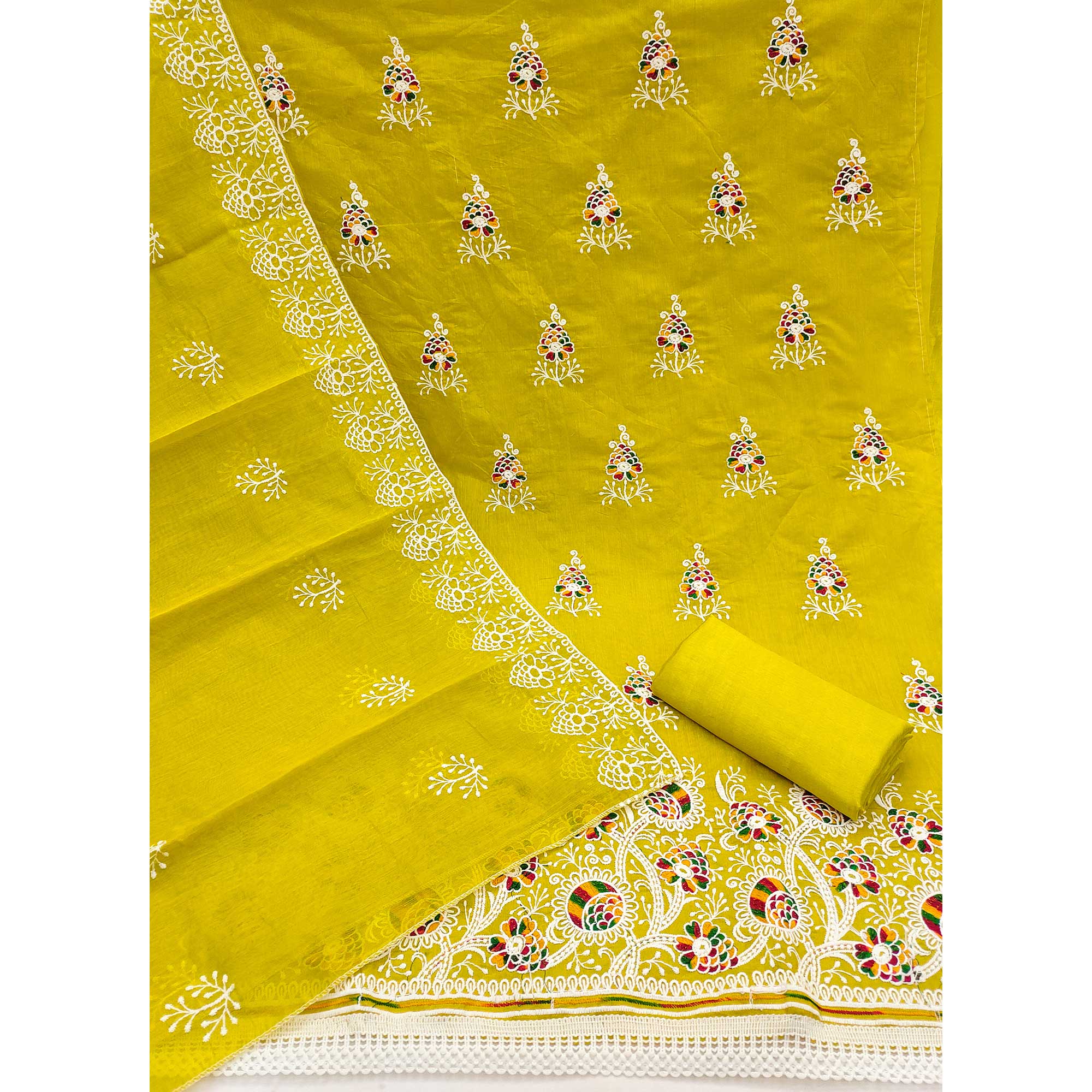 Green Chanderi Cotton Dress Material with Elegant Floral Thread Embroidery - Image 4