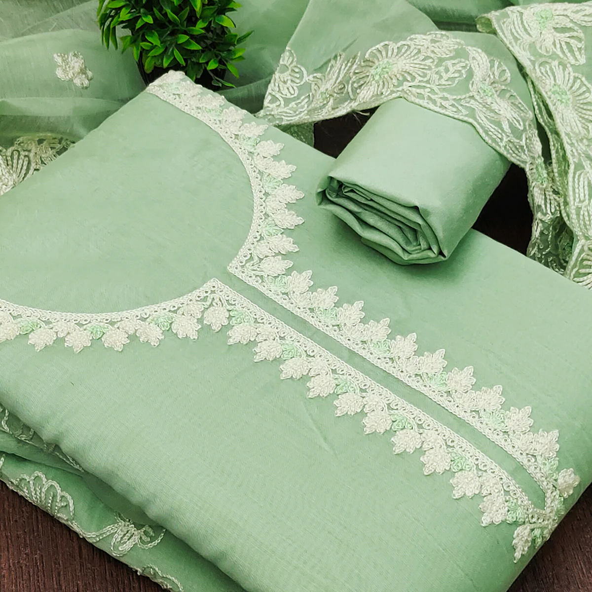 Green Chanderi Silk Dress Material Enhanced With Floral Thread Embroidered Work - Image 2