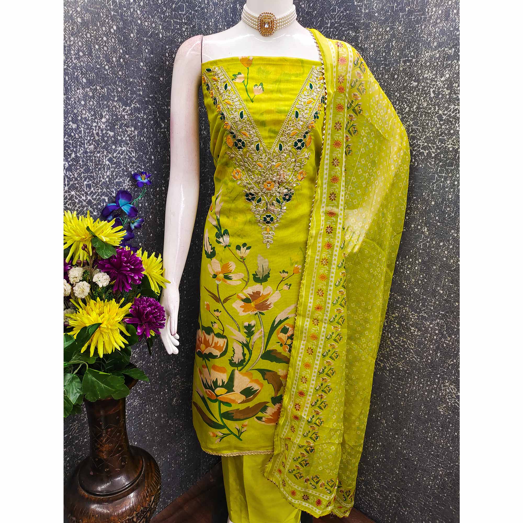 Green Chanderi Silk Dress Material With Digital Floral Print & Cording Embroidery Work - Image 5