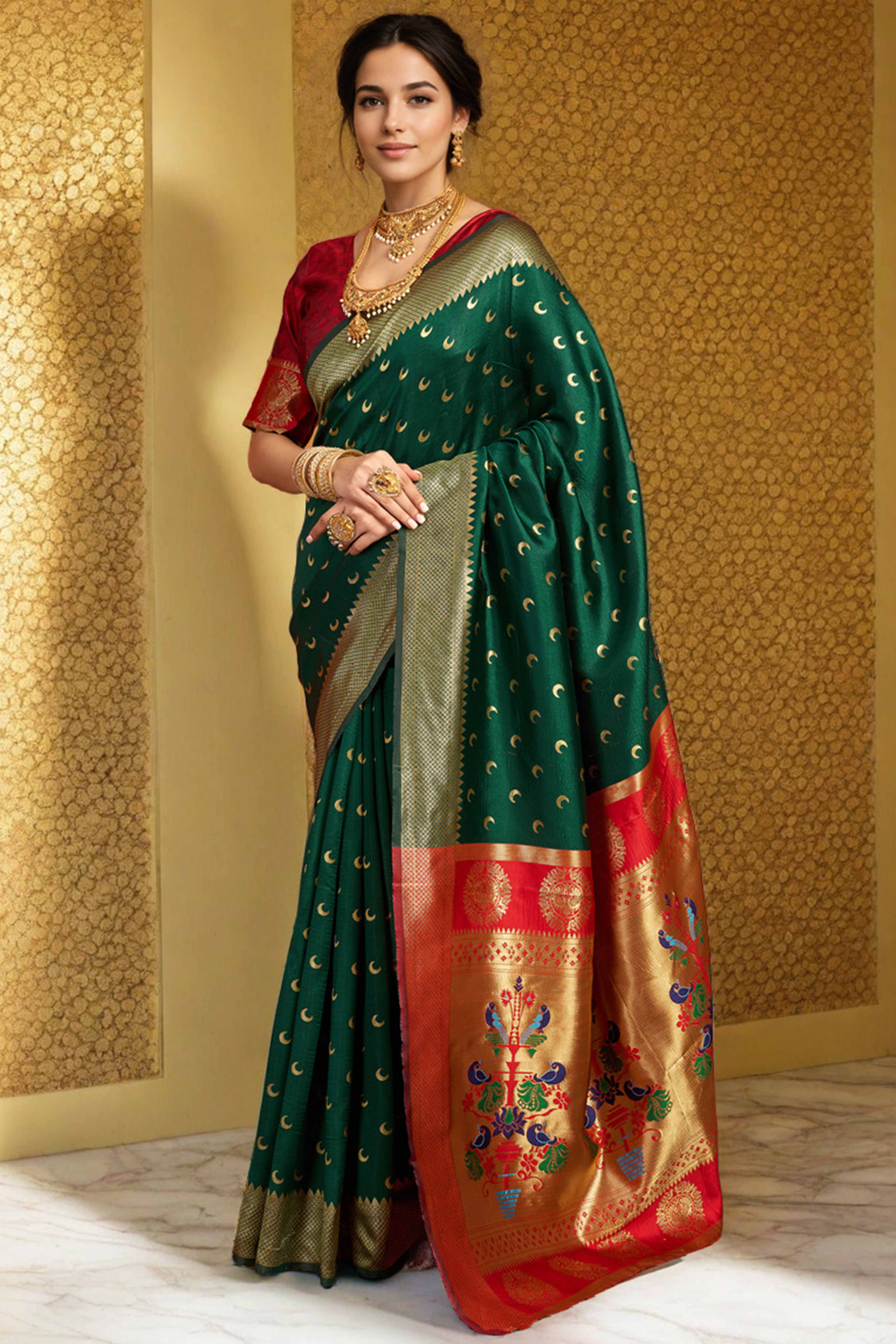 Green Chandrakor Paithani Silk Blend Saree With Intricate Zari Weaving - Image 4