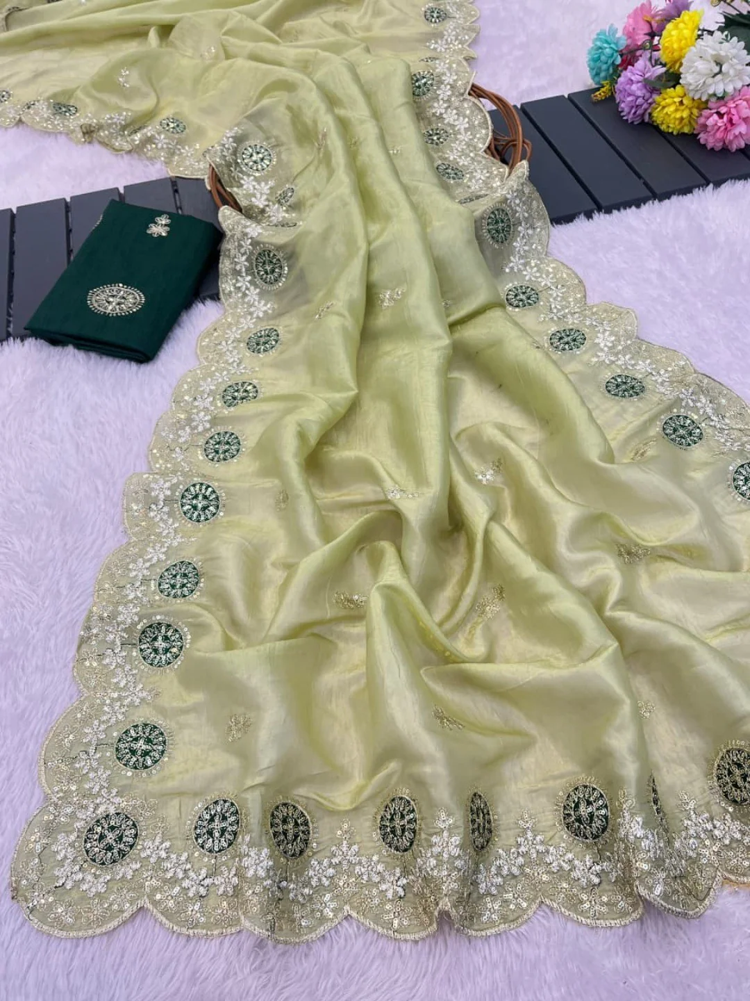 Green Charm Crunchy Saree with Premium Embroidered Border - Image 3