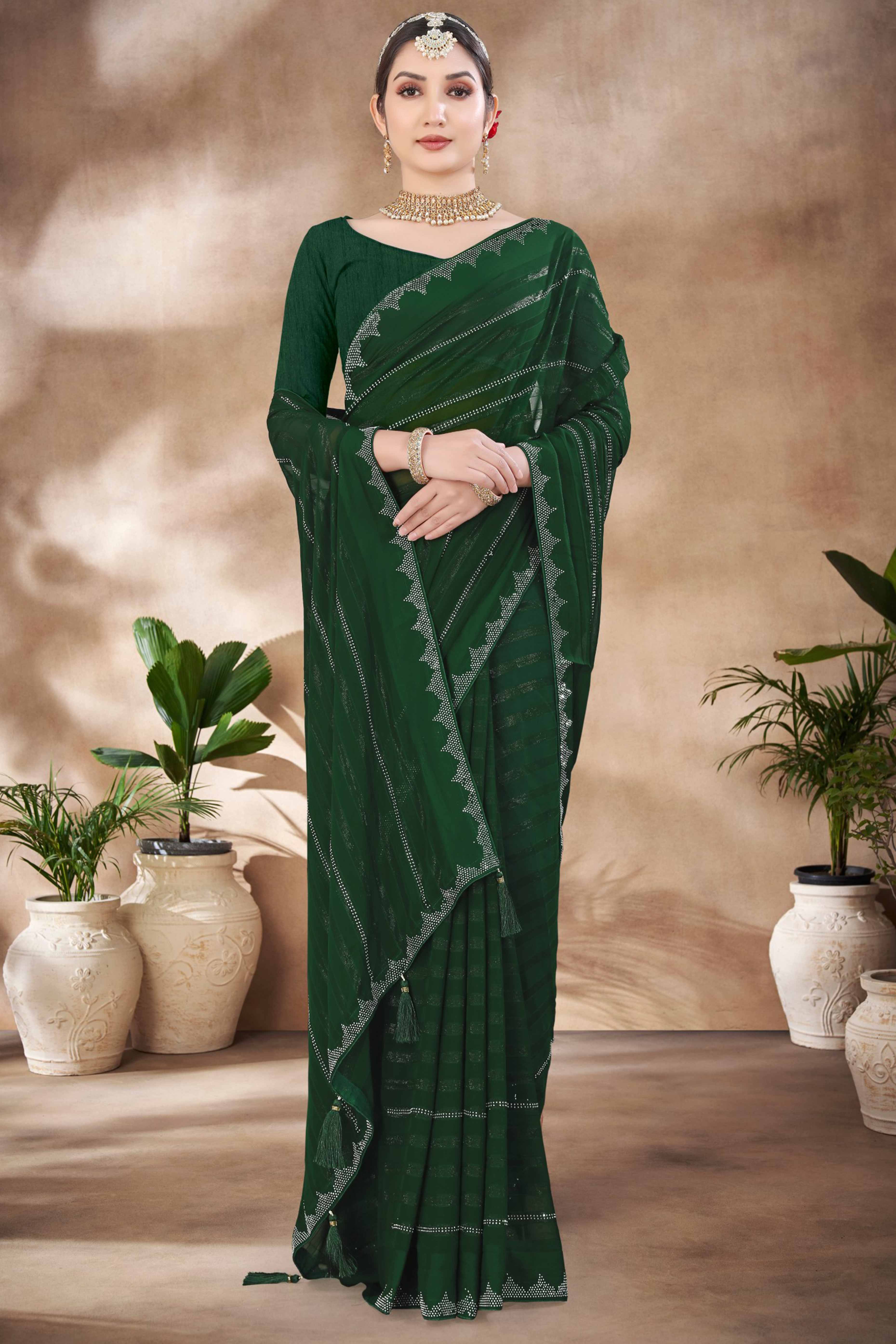 Green Chiffon Party Saree Featuring Delicate Stone Embellishments
